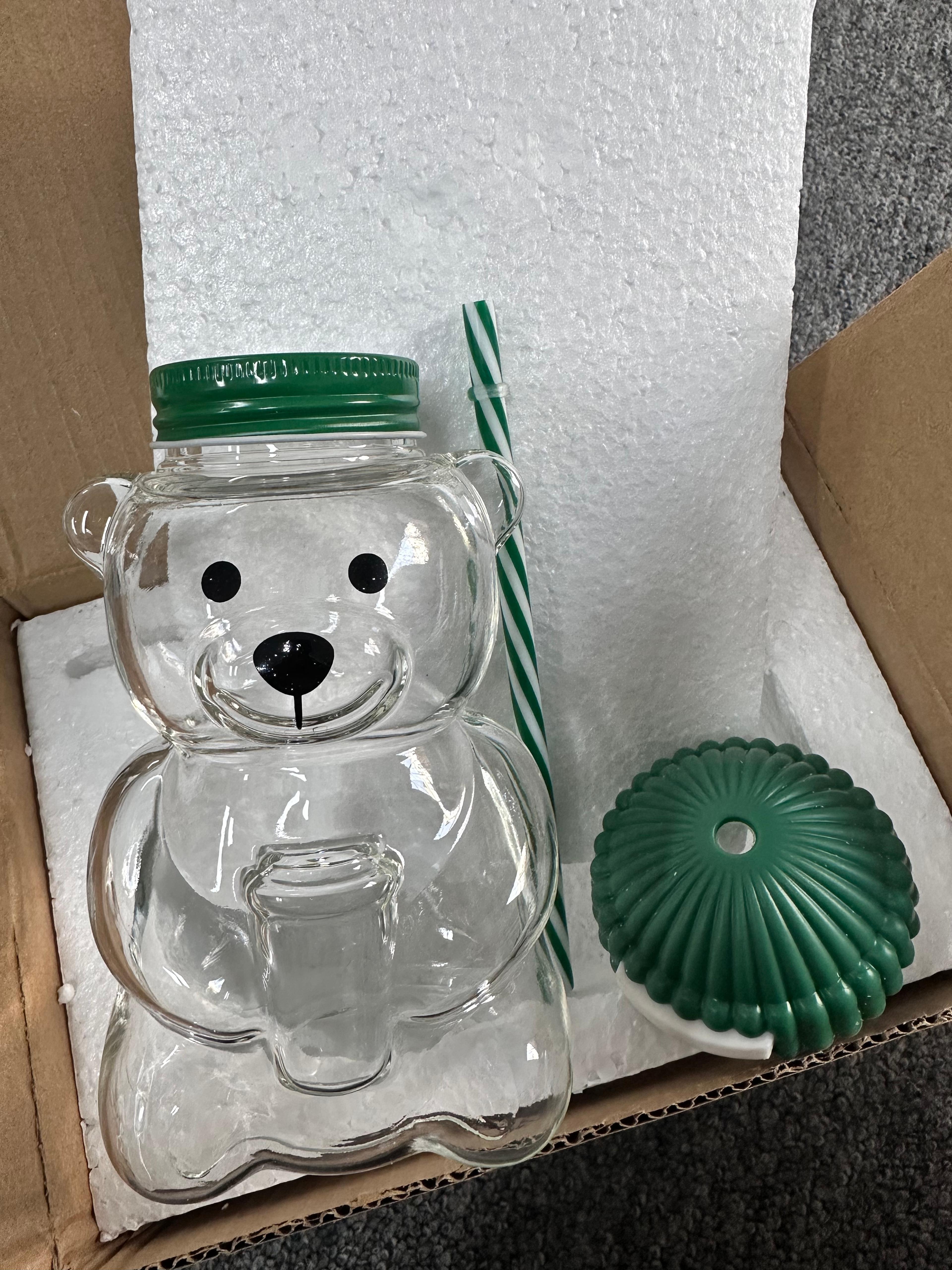 transparent bear shaped coffee mug, cute cartoon bear mug glass cup with straw, creative milk coffee water cup