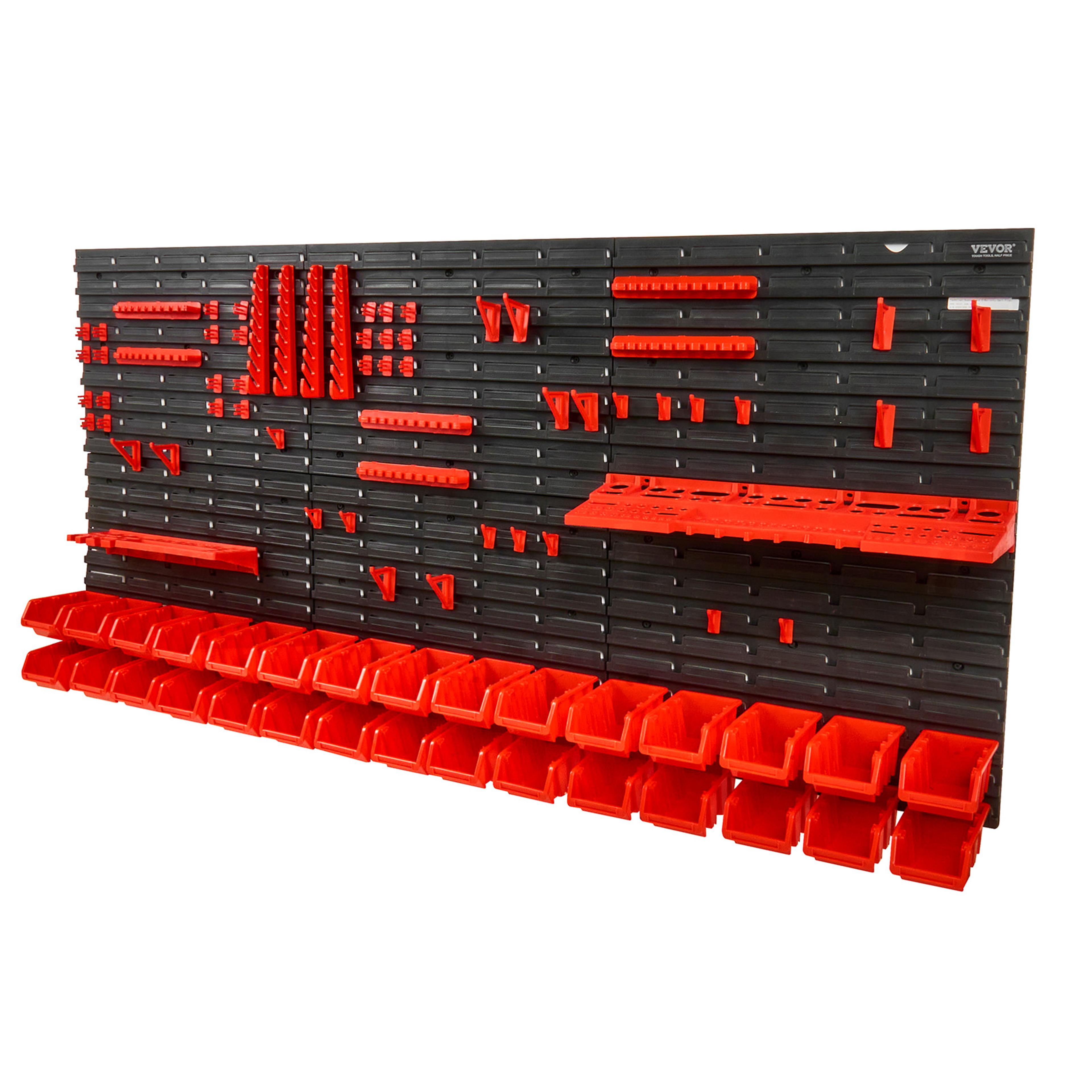 wall mounted storage bins for garage, plastic rack organiser with wall panels and hooks for screws, nails, and tools