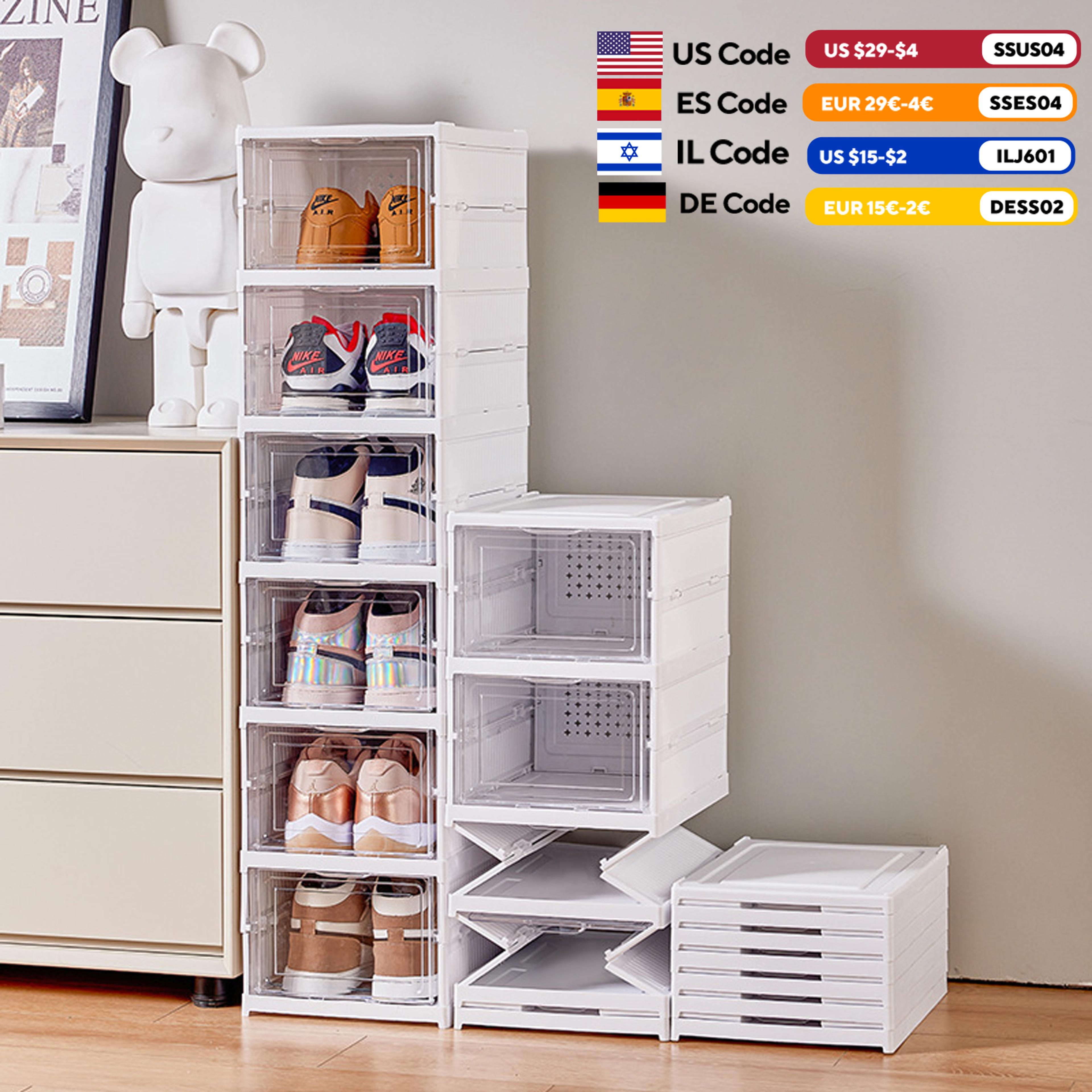 transparent fold able shoes box, stack able sneaker storage organizer, dust proof high-top shoe rack shelf