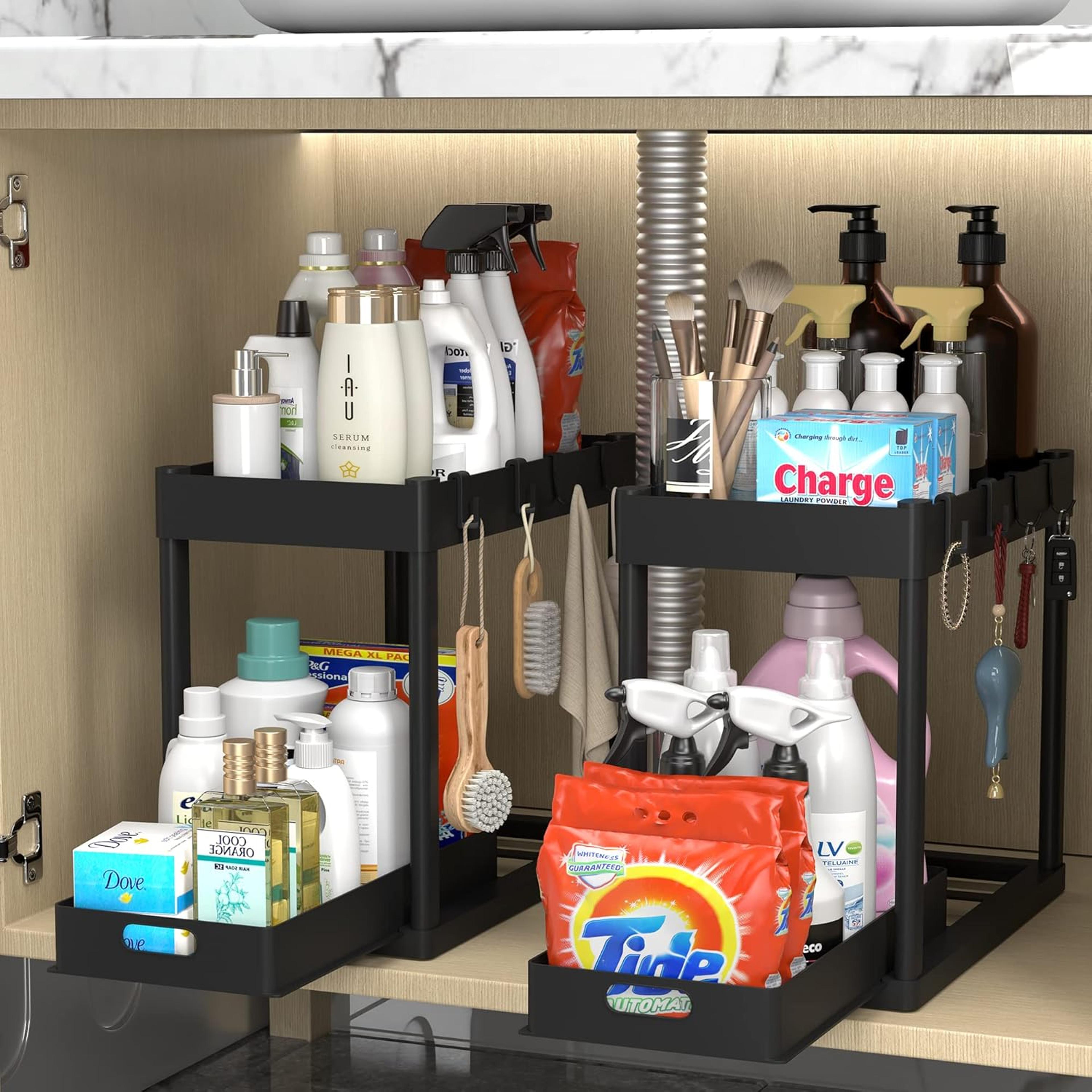 double tier sink-mounted storage rack, multi purpose bathroom storage basket, kitchen cabinet shelving unit