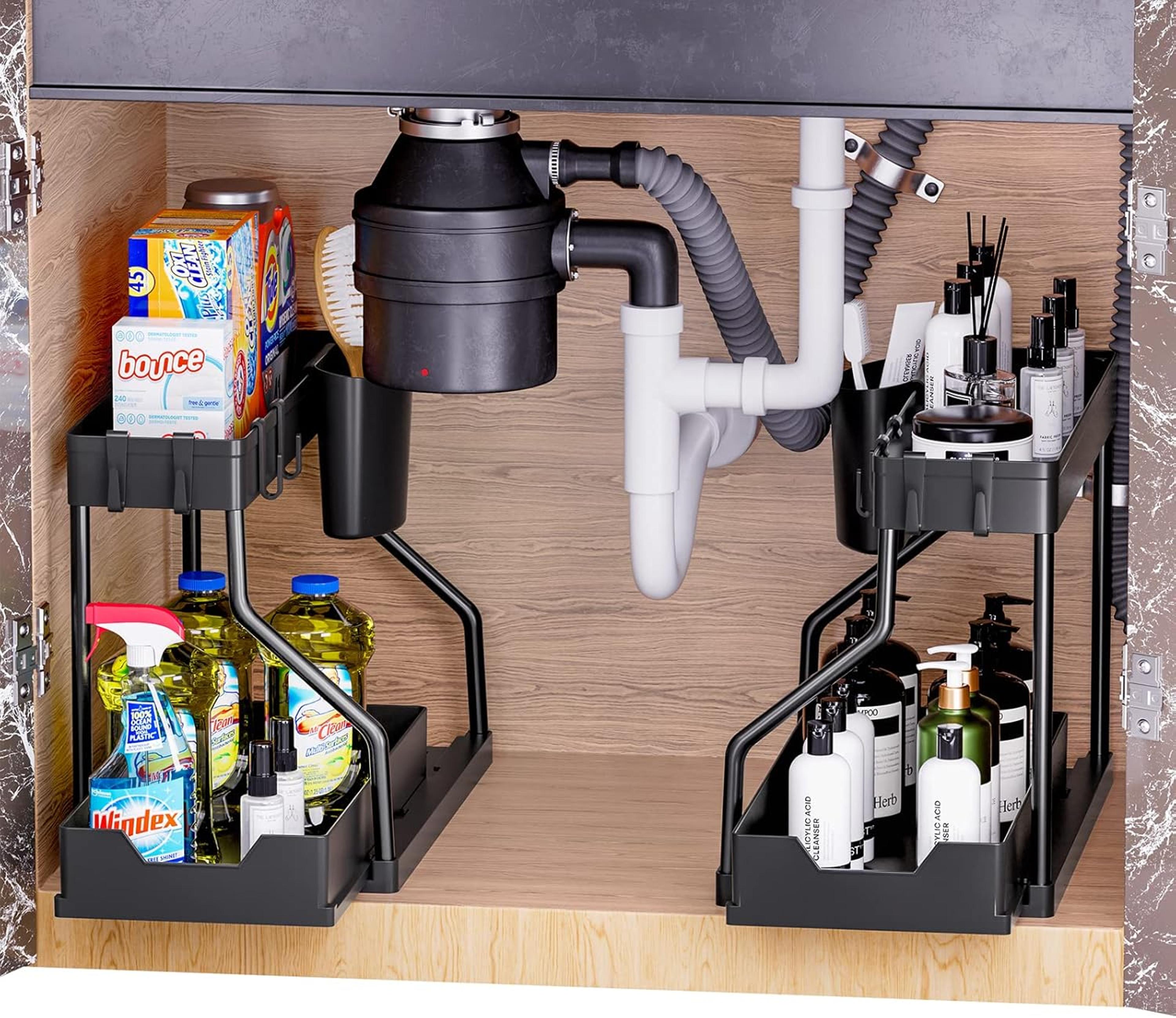 under sink storage rack, dual-slide storage drawer, kitchen cabinet organizer