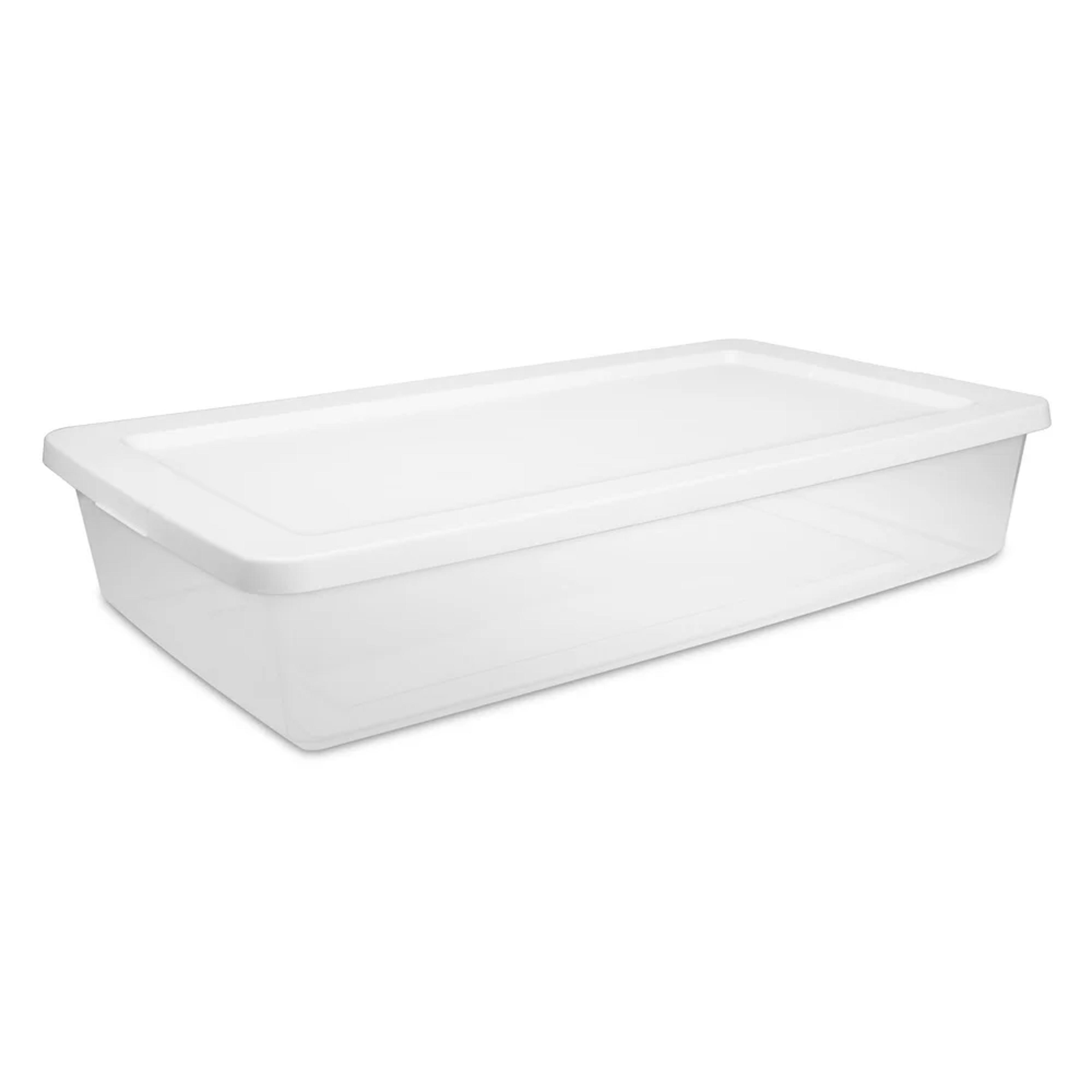 clear plastic storage bin, stackable container with snap-on lid, ideal for clothing organization, home, office