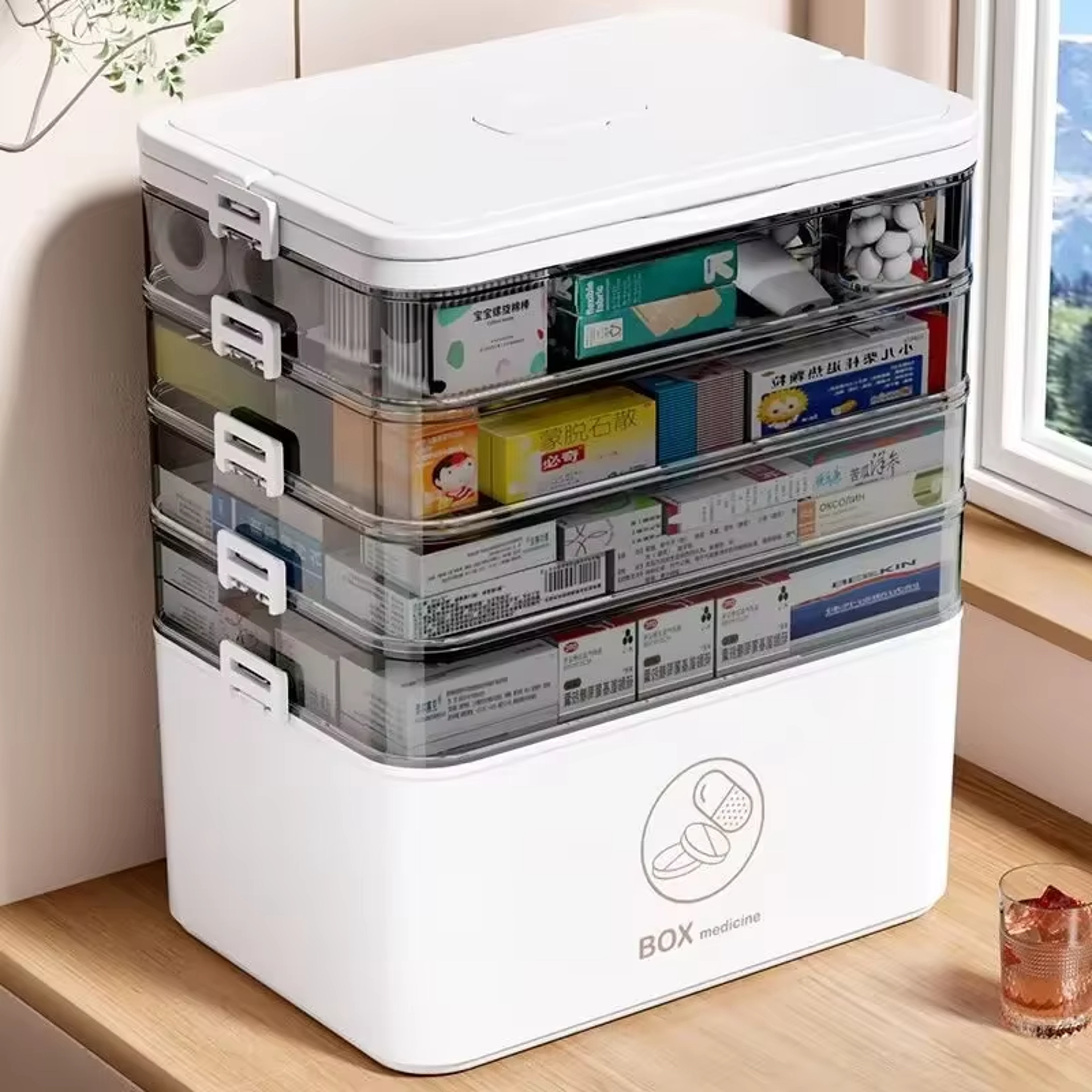 portable medicine box, large capacity home first aid kit, multi-layer drug storage case