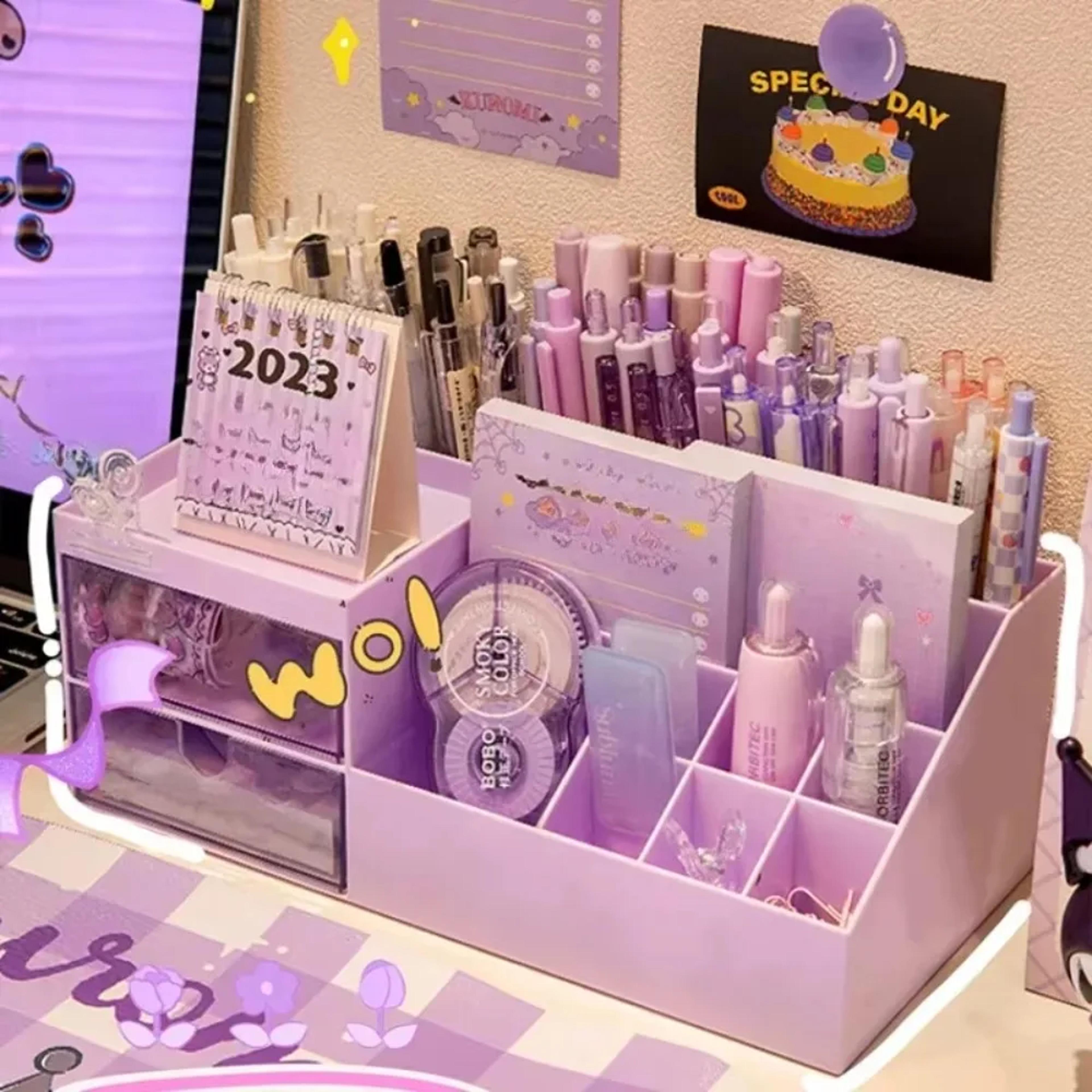 cute pen desk holder organizer, drawer-type desktop storage box, nine grids stationery organizer for girls, student hand