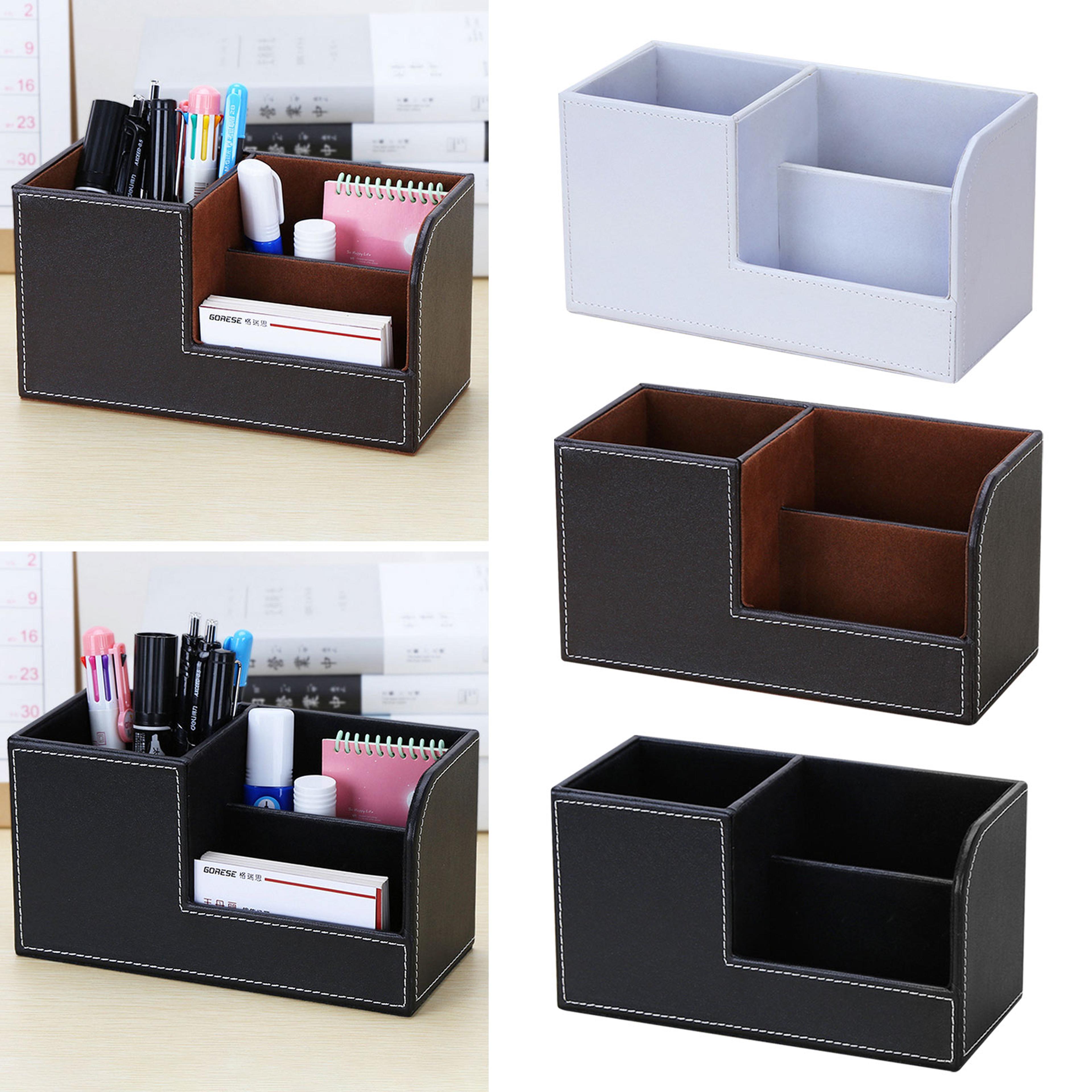 high grade leather desk organizer, pencil pen holder caddy, storage box for home office and school