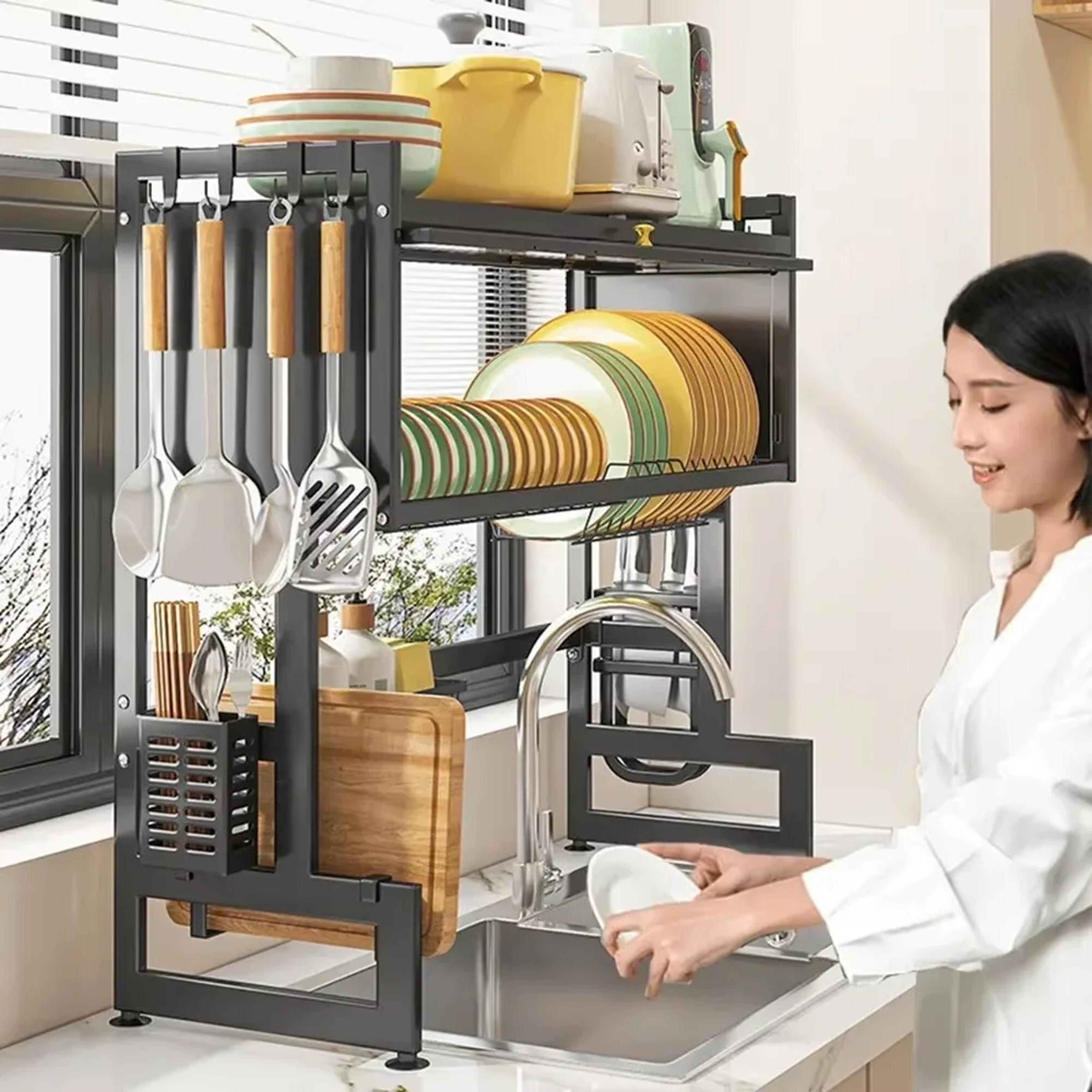 stainless steel sink dish cabinet, scalable drain rack, tabletop bowl and plate organizer, household kitchen accessories