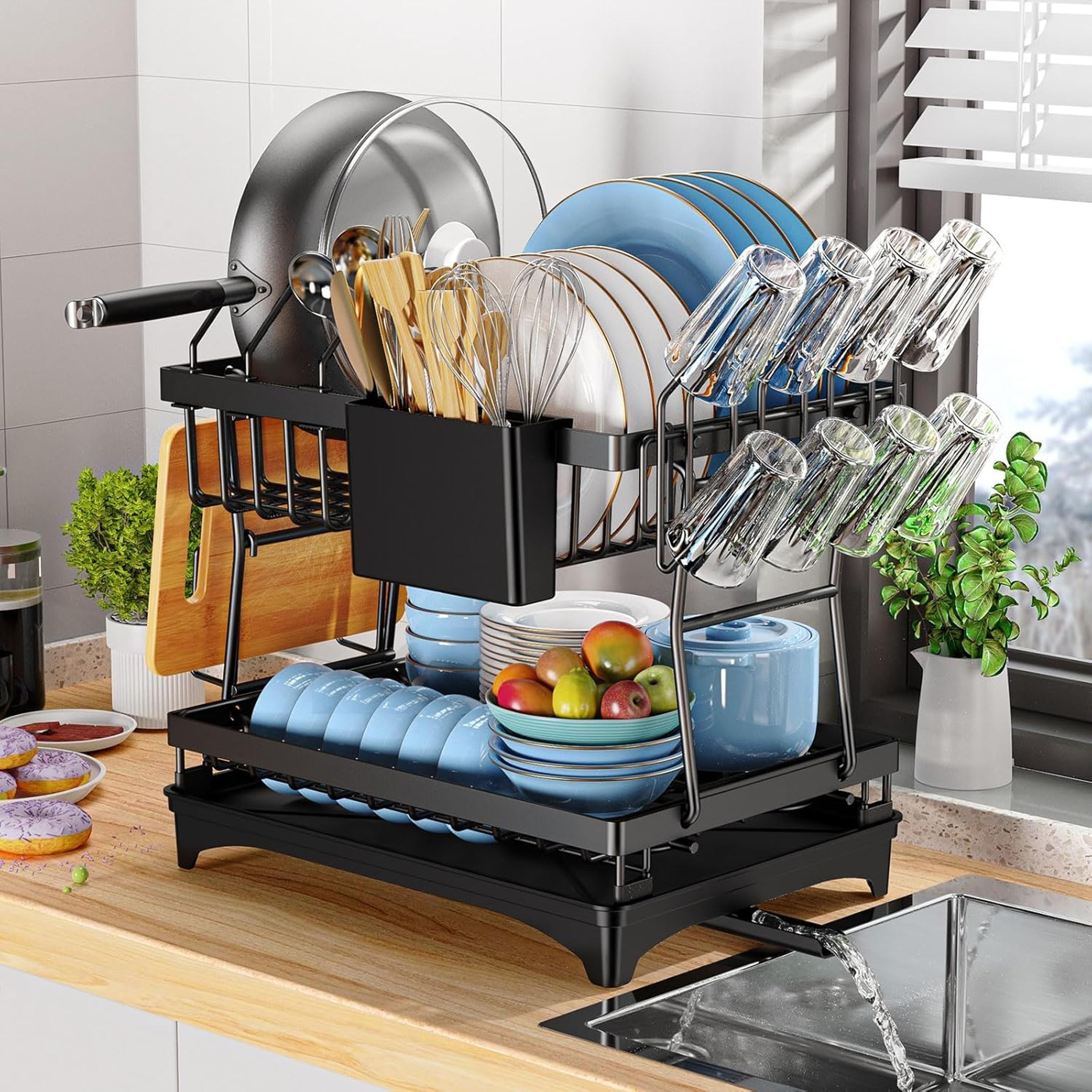 kitchen counter top dish drying rack, metal kitchen dish rack with drip tray, counter top dish drainer for easy drying