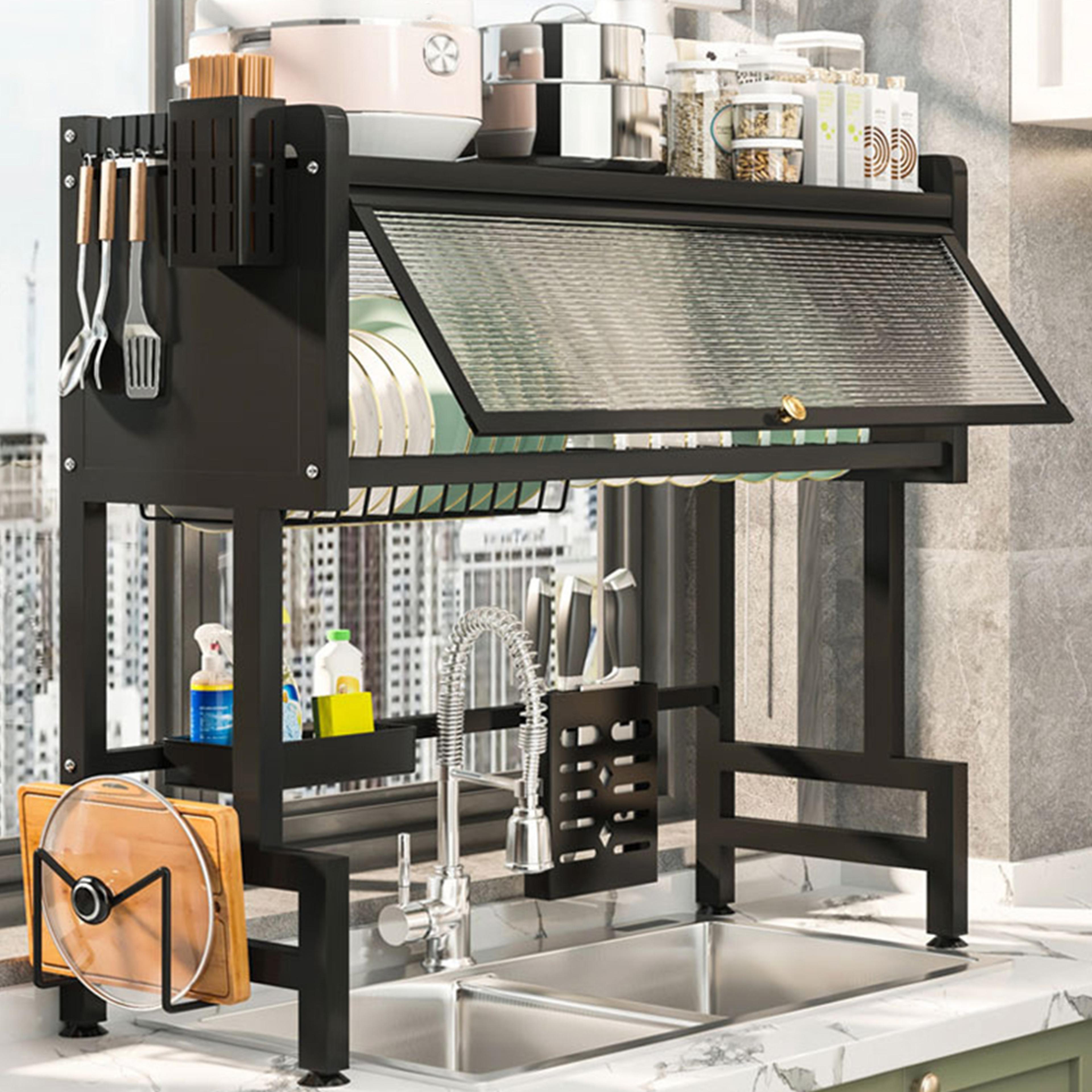 kitchen drain shelf, steel over the sink dish drying rack, large over the sink dish rack with cover, kitchen storage