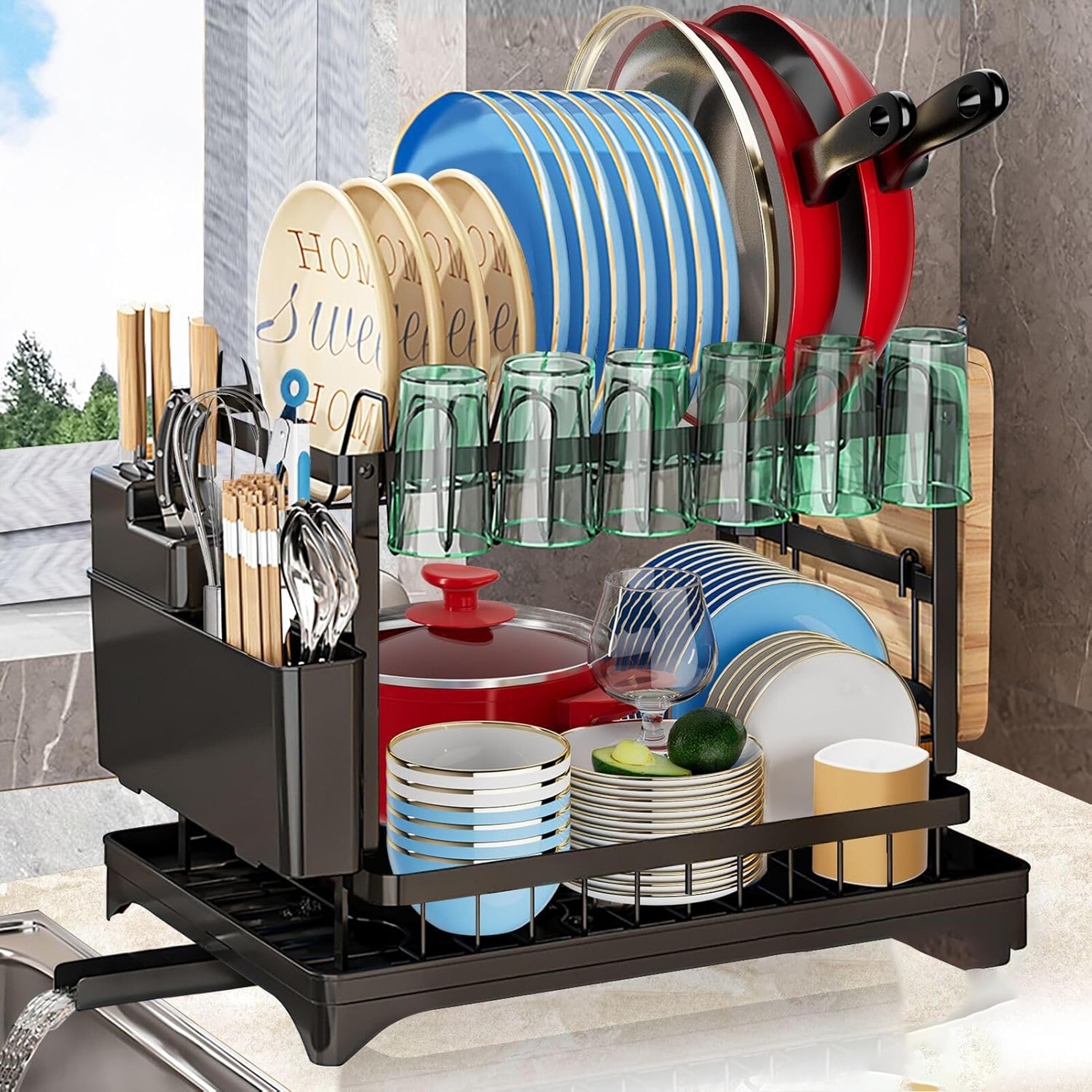 multi-functional utensil organizer, rust-resistant double-layer dish rack with drain tray, space-saving knife storage