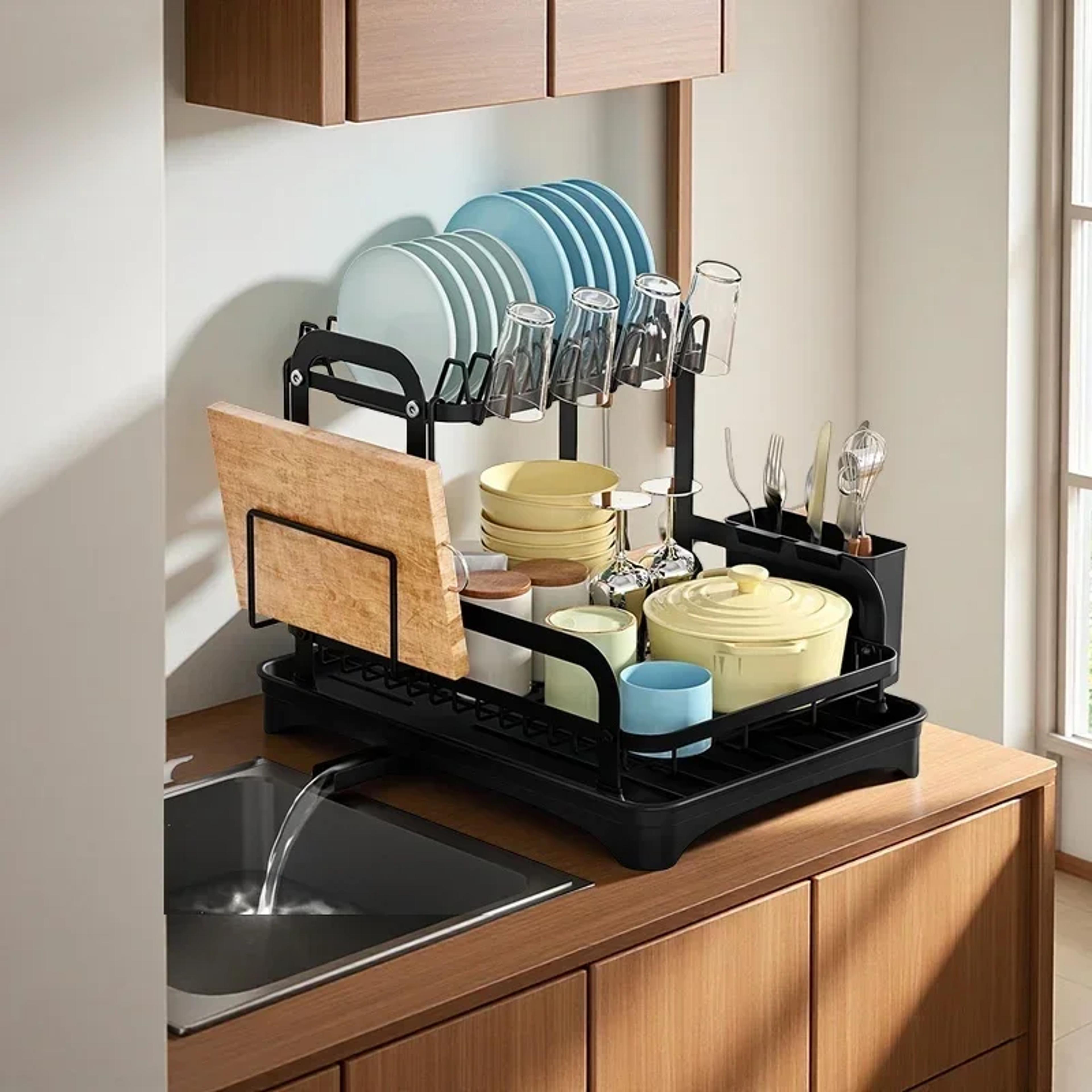 kitchen storage rack, compact multi-function dish drainer for bowls and chopsticks, counter top organizer for family use