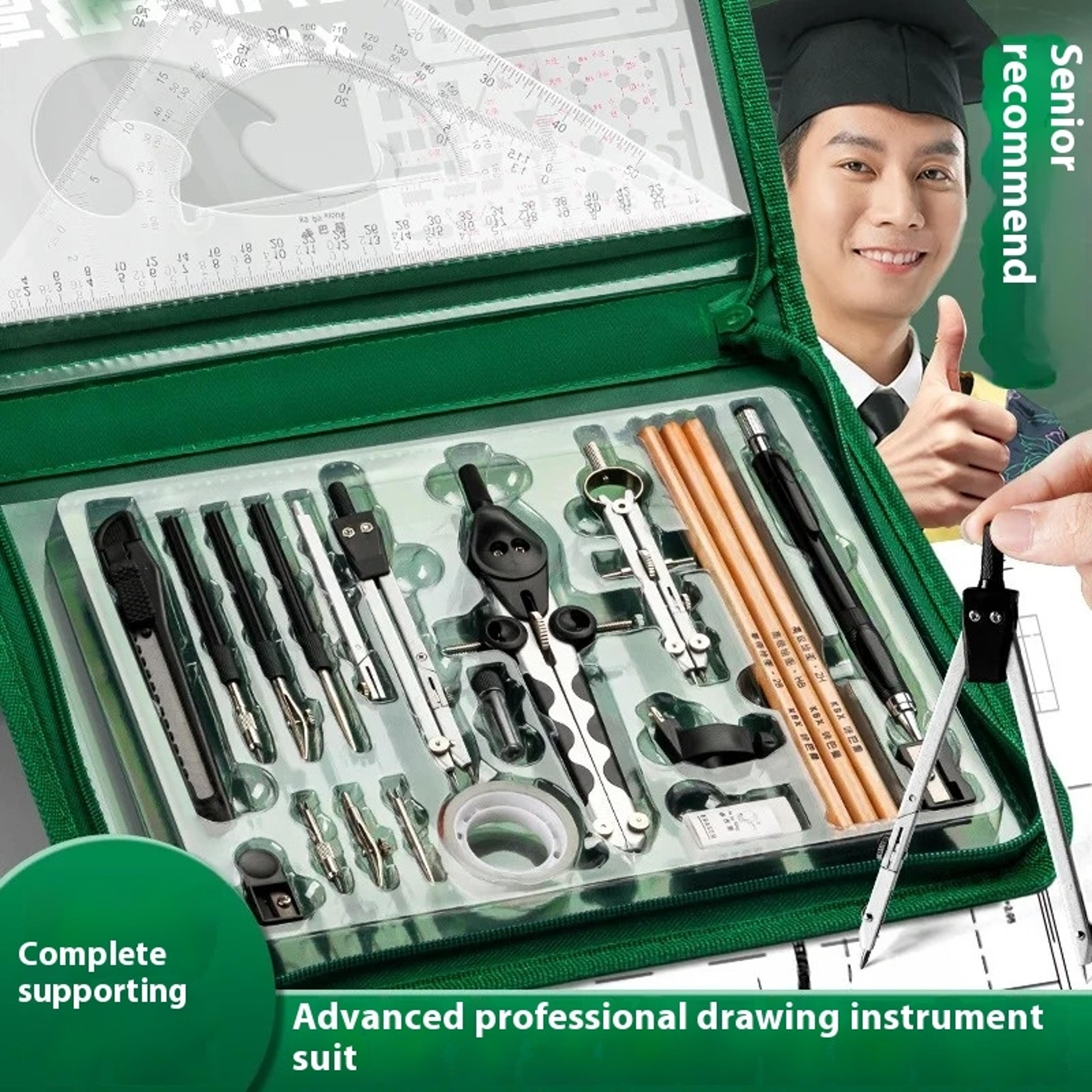 college student drawing tool set, professional construction engineering kit, geometry drawing tools for school projects