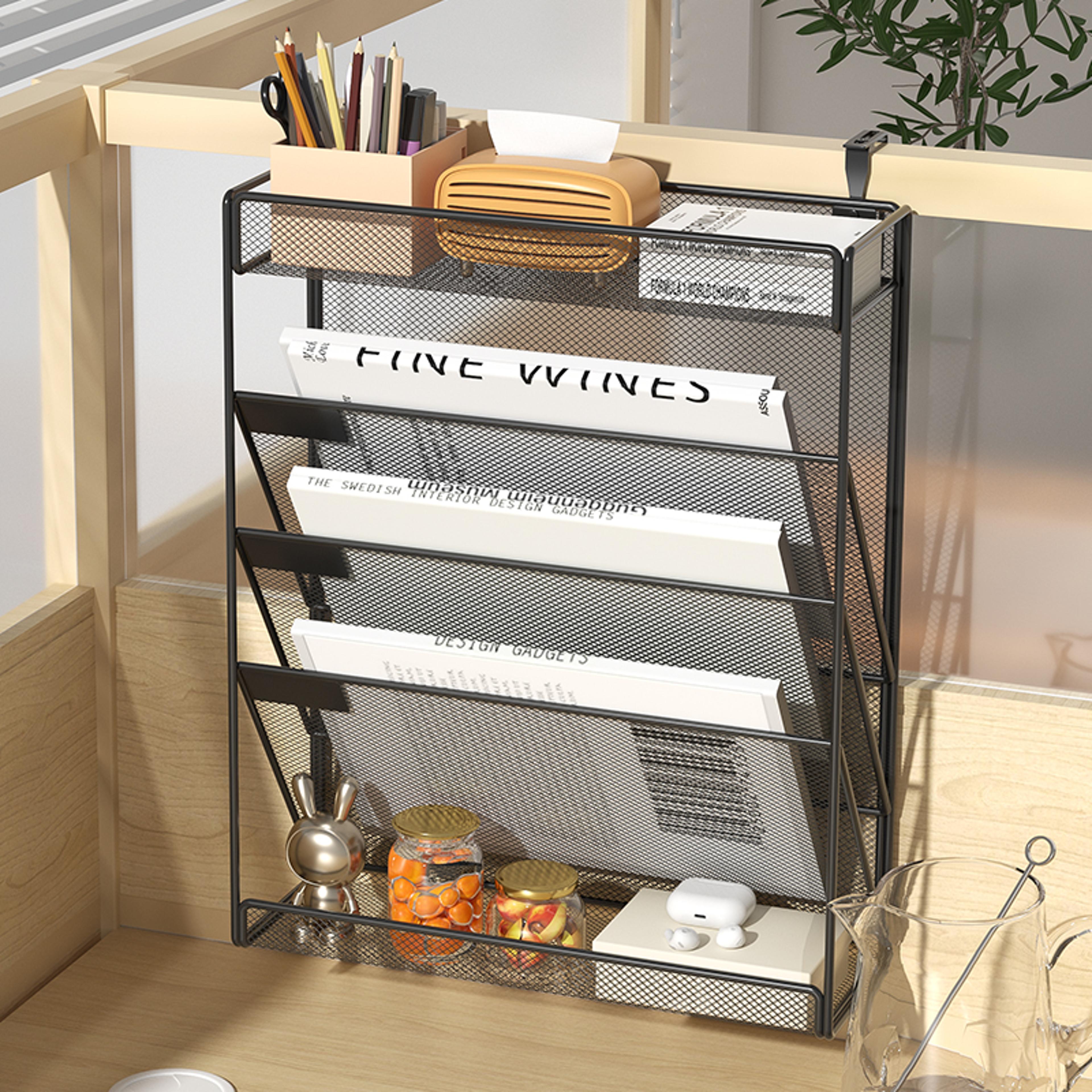 desk file organizer mesh, hanging wall mount document organization stand, desktop vertical mail paper folder holder rack