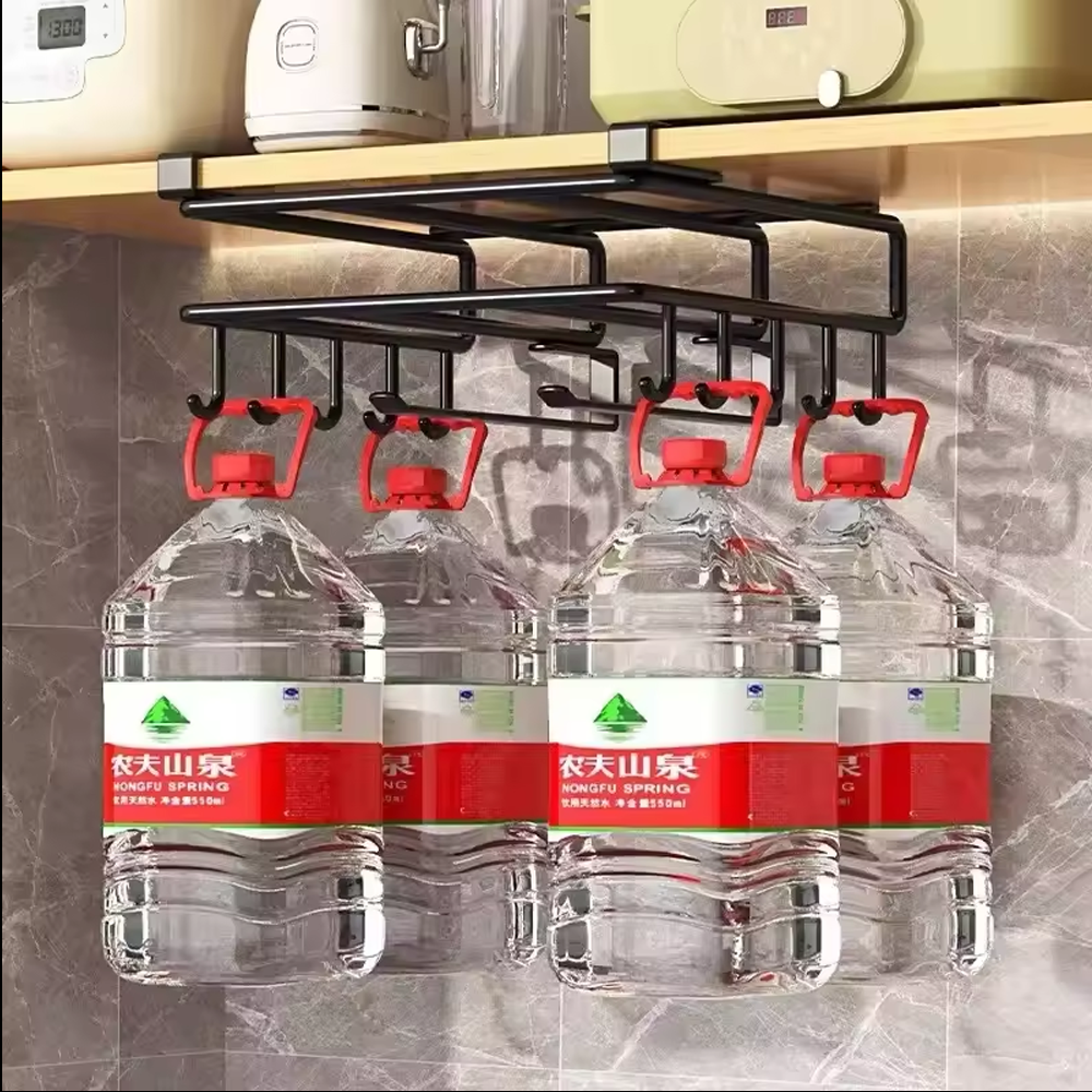 kitchen hanging organizer rack with hooks, under cupboard paper towel holder, rags hanger, cutting board & pot cover