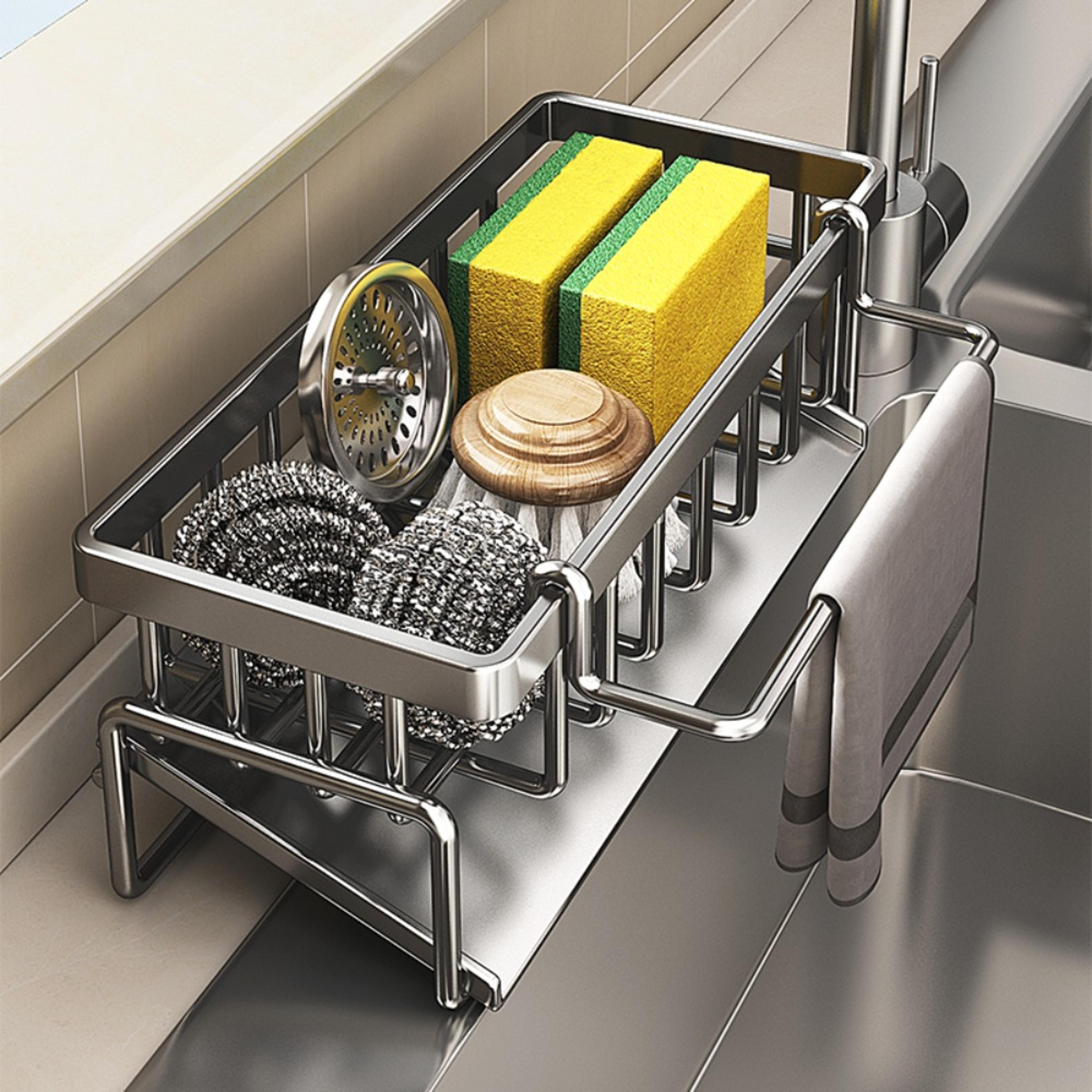 stainless steel sink organizer, drain rack with soap sponge holder, multi-layer filter basket, kitchen storage organizer
