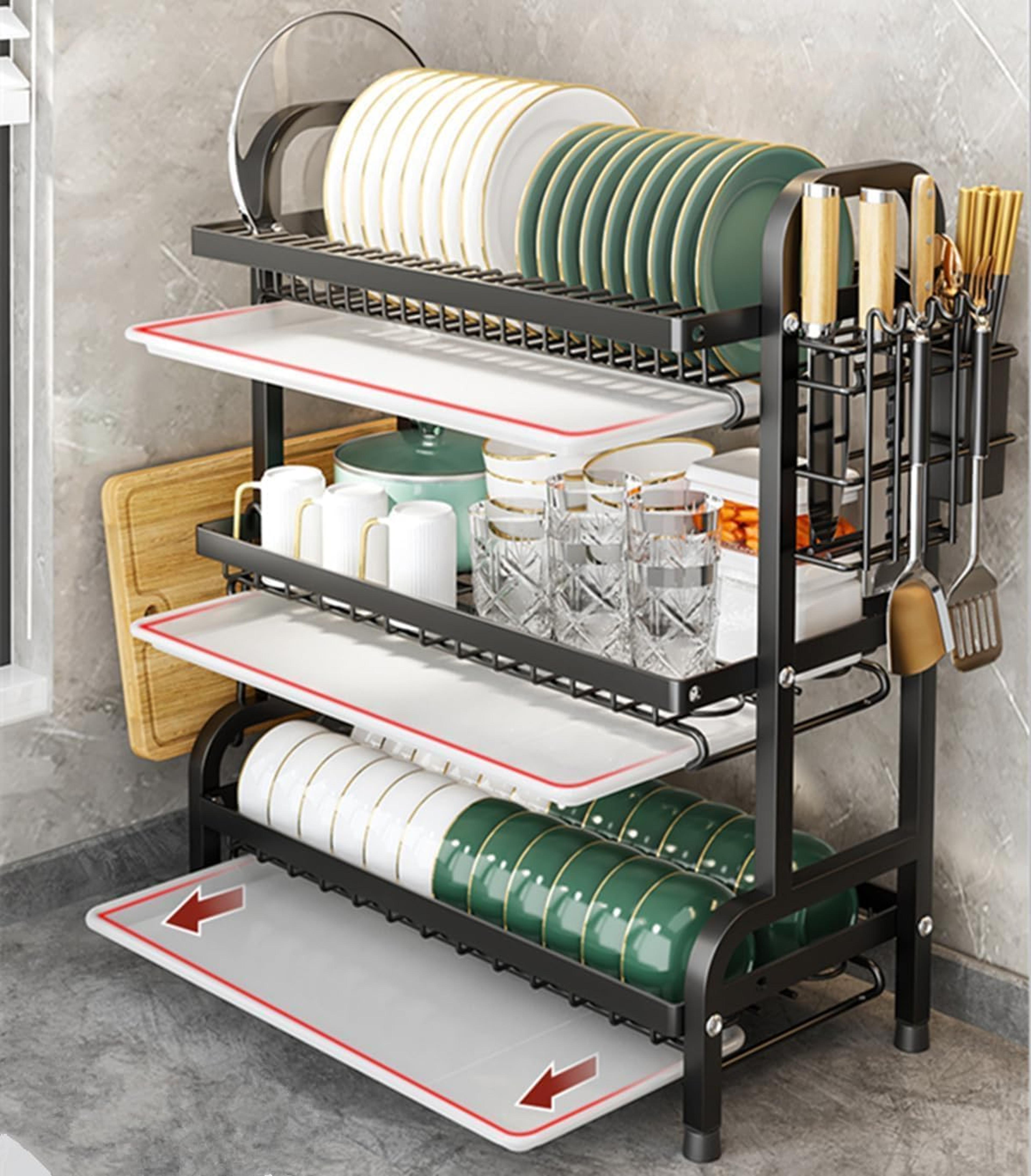 dish rack, space saving kitchen counter top utensil holder, large capacity dish drainer for table ware