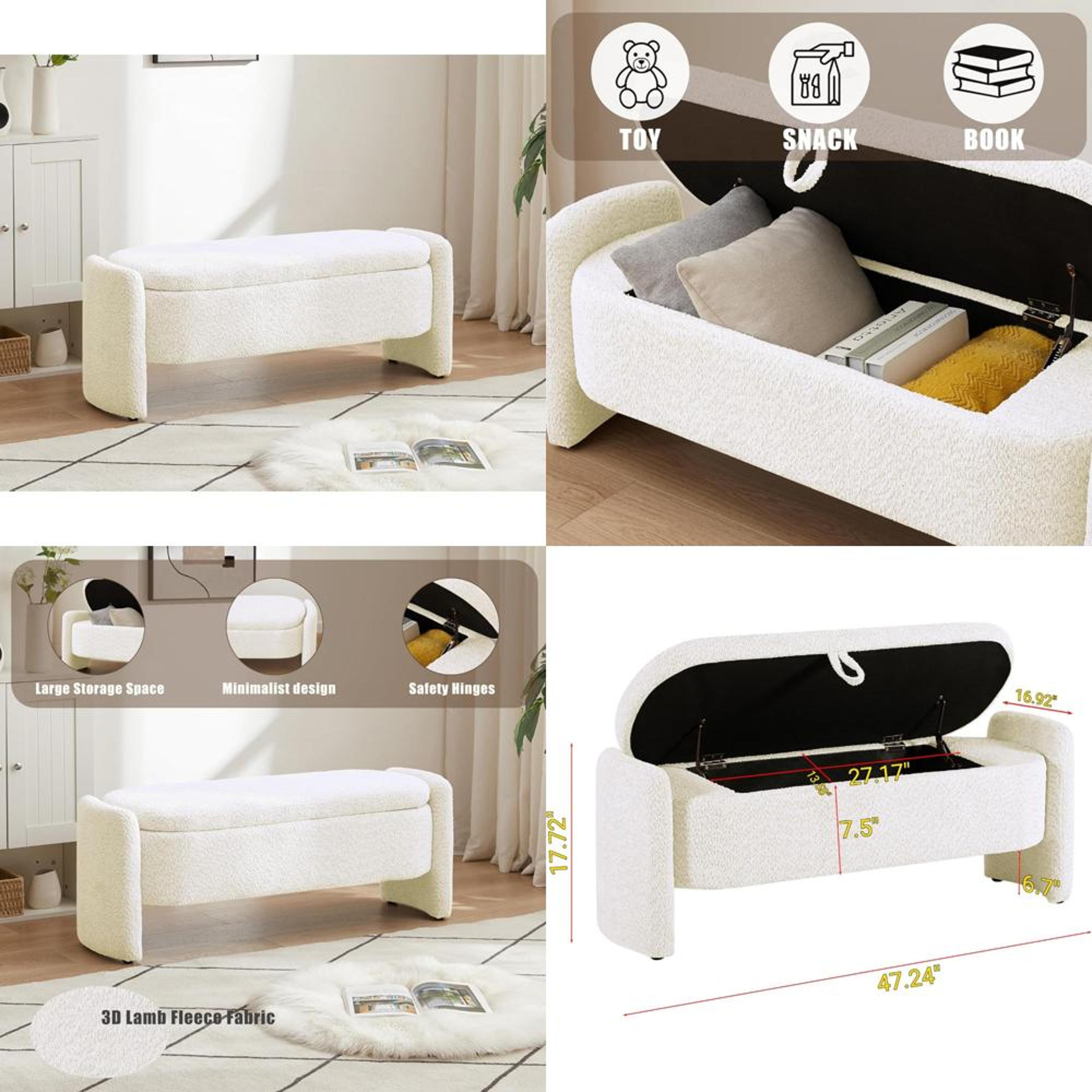 large storage ottoman bench with lamb fleece fabric, soft upholstered seating for bedroom living room storage