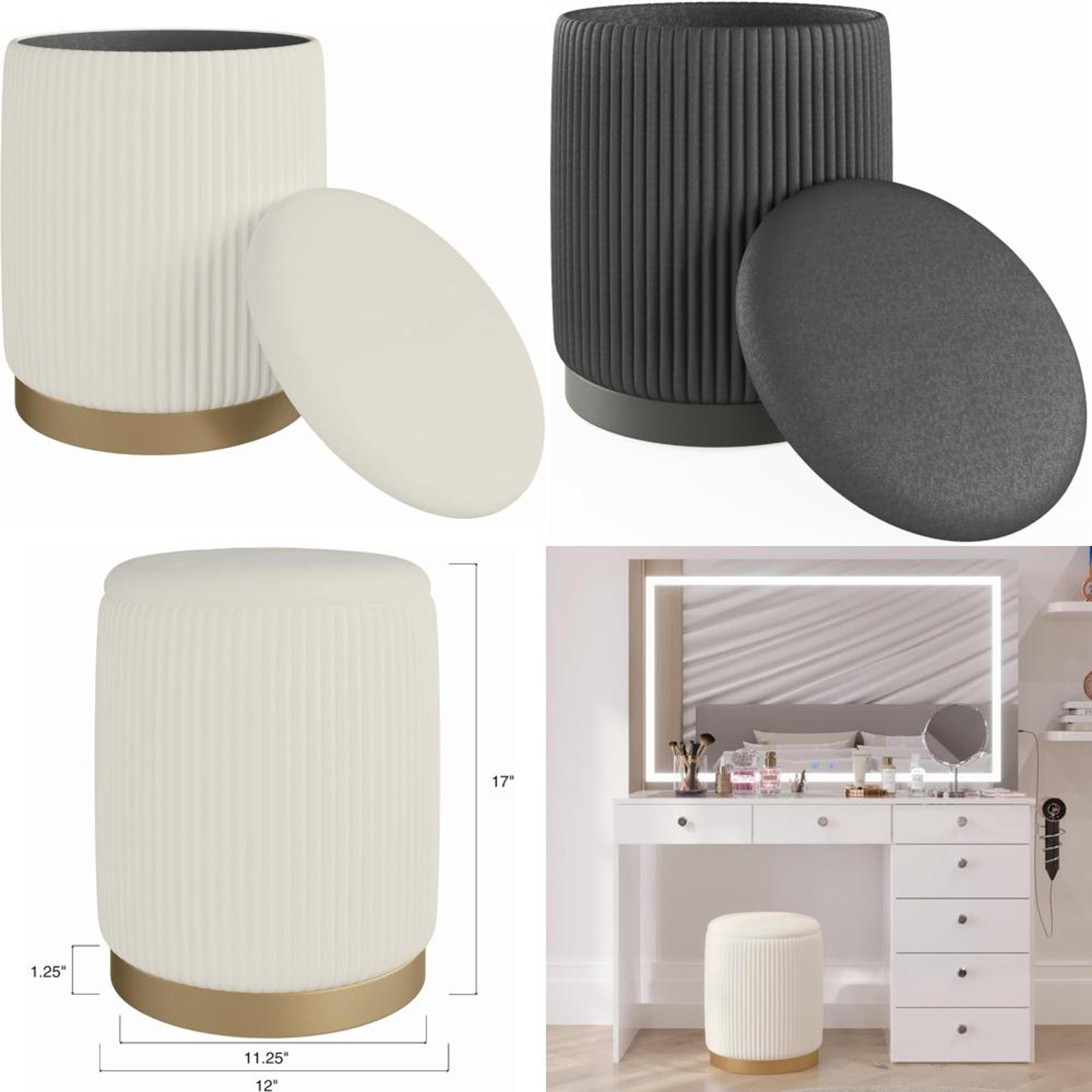 white velvet storage ottoman and footrest vanity stool, round compact chair with hidden storage for small spaces