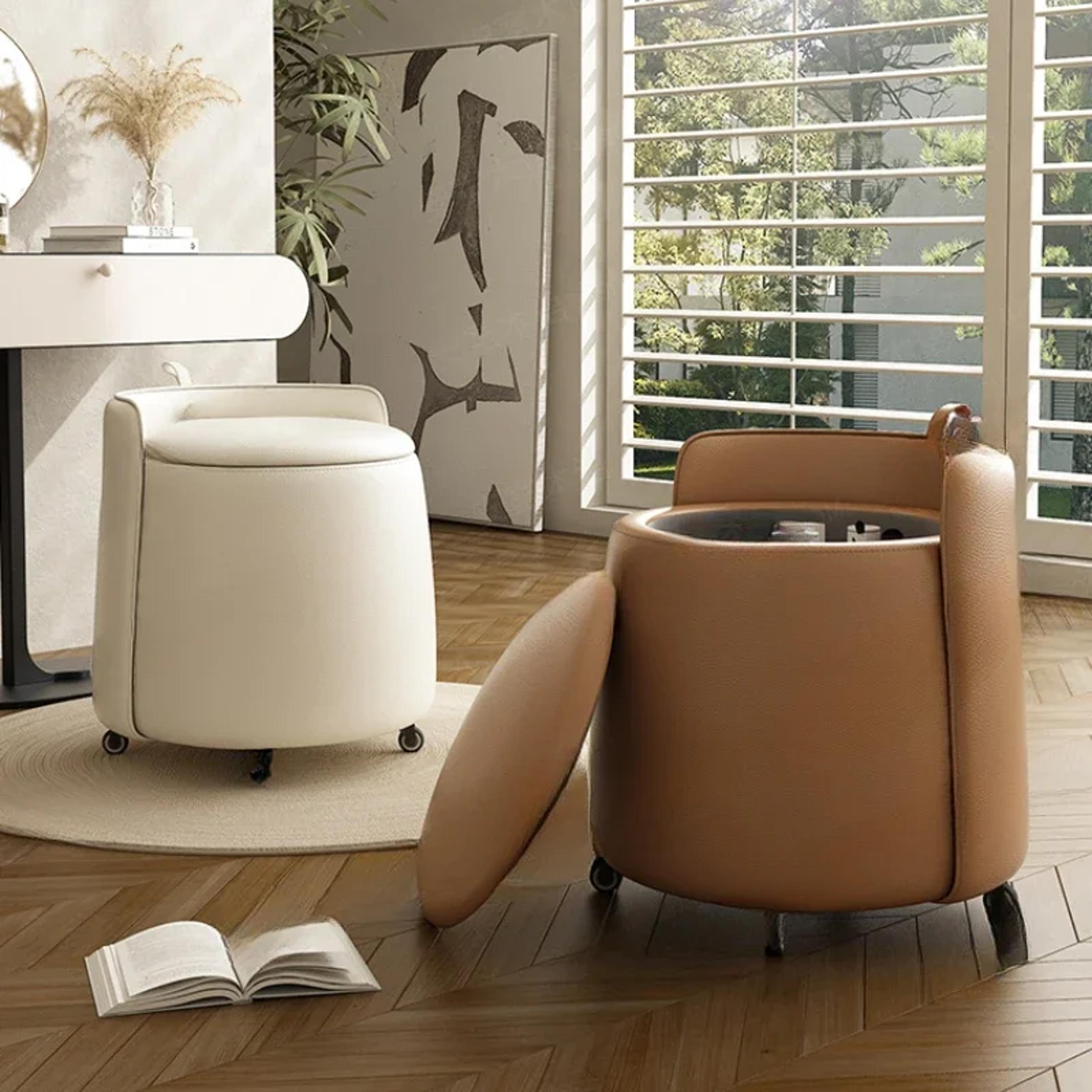 storage pulley makeup stool with pulley, simple and luxurious solid wood makeup stool, backrest low coffee table stool