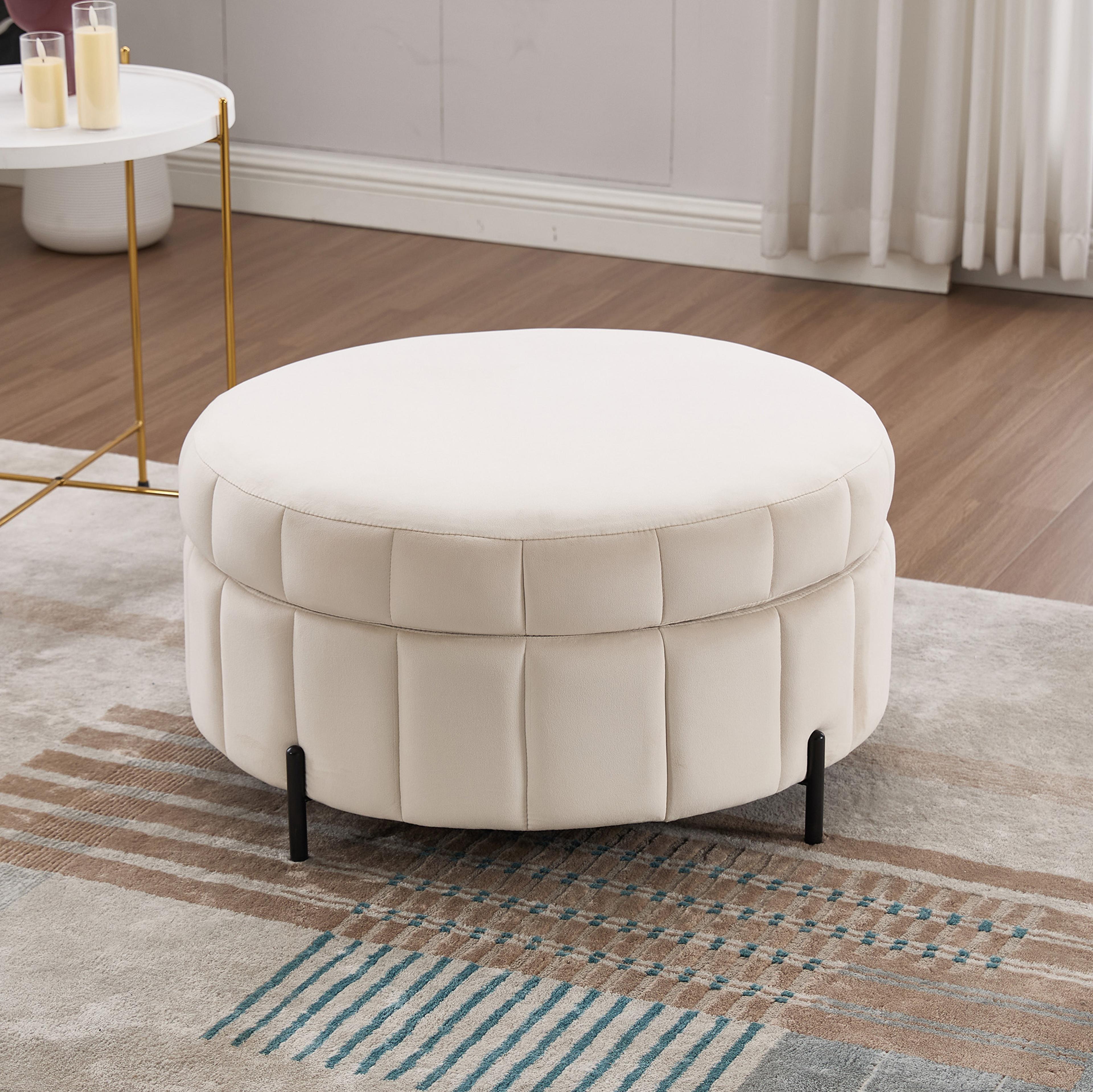 upholstered round ottoman with reversible lid, velvet storage stool, channel tufted pumpkin-shape footstool