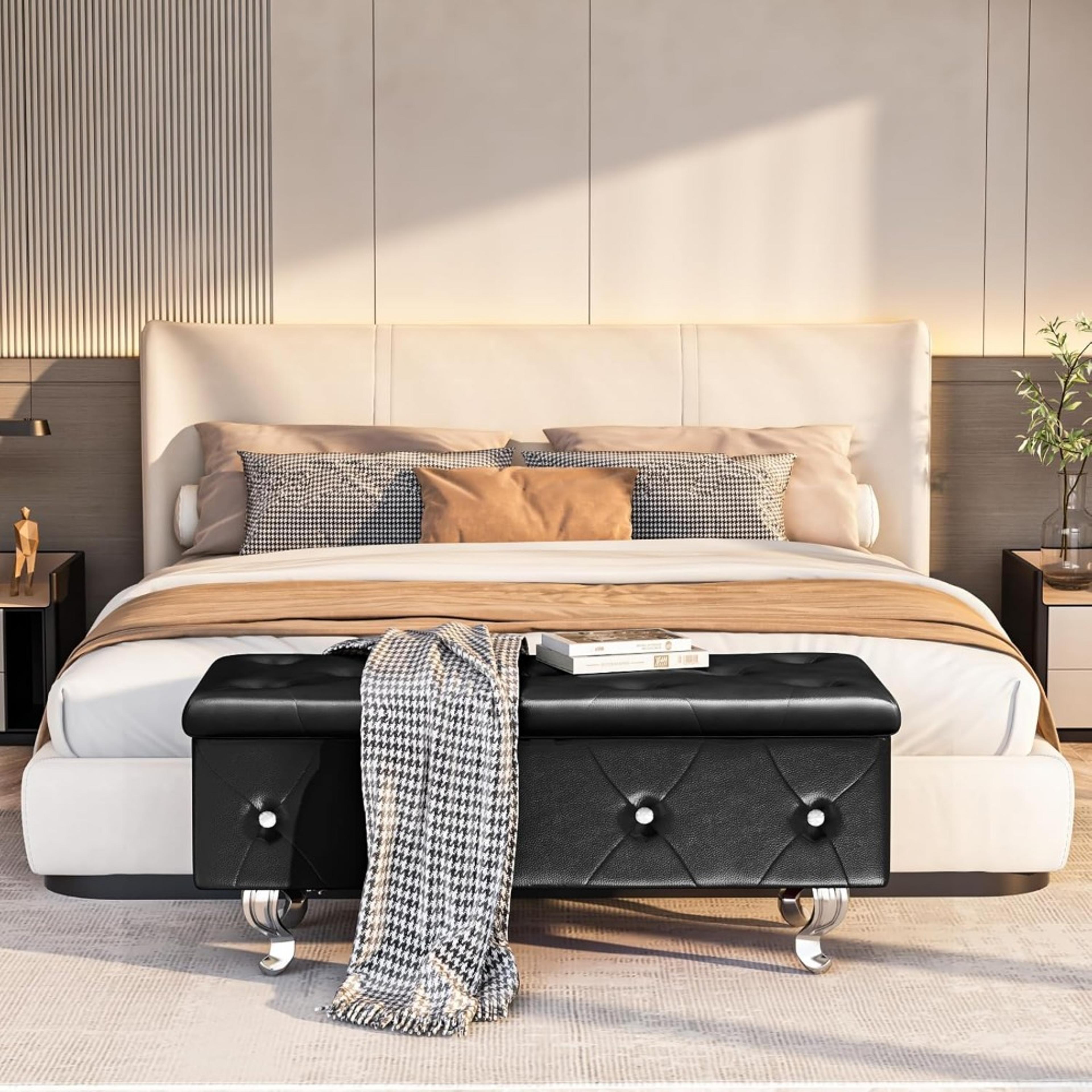 bedroom upholstered storage ottoman with legs and safety hinge, stylish footstool for bedroom storage