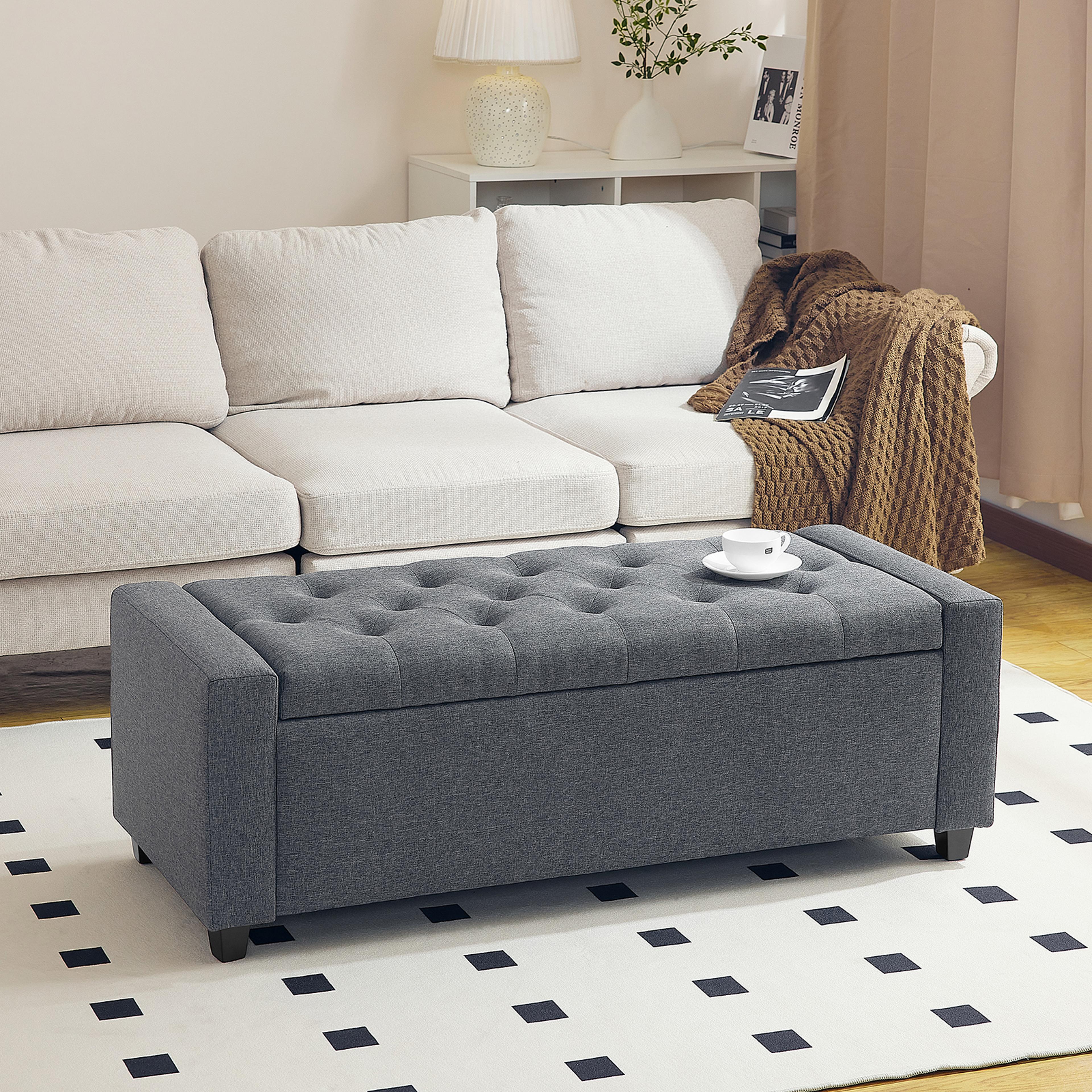 storage ottoman, folding storage bench, foot rest stool, flipping lid, safe hinge for living room, bedroom, entry way
