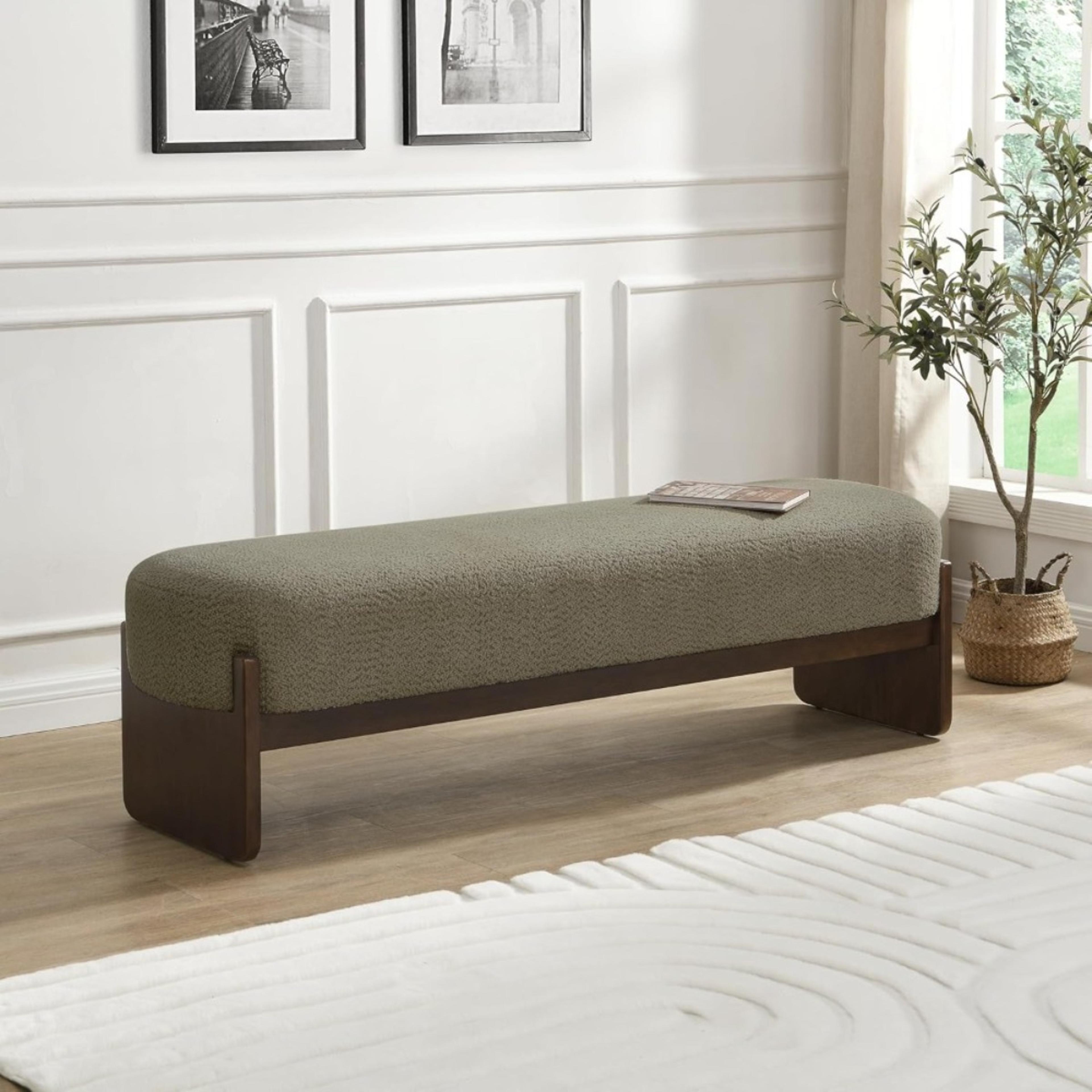 minimalist dark green ottoman bench, wooden sofa footrest for living room, bedroom end of bed storage seat