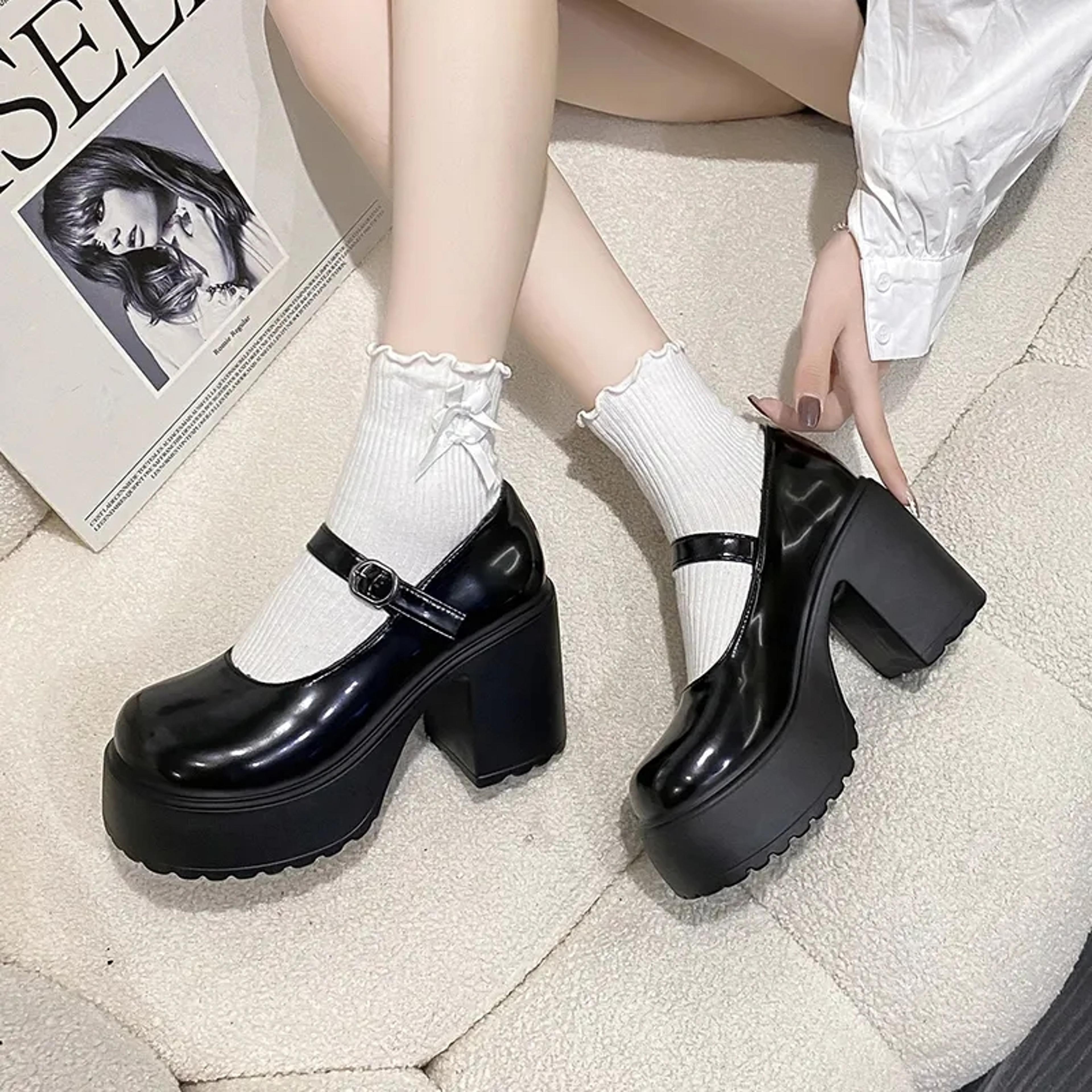 black super high heels mary jane shoes women, goth chunky platform pumps, plus size ankle buckle party shoes