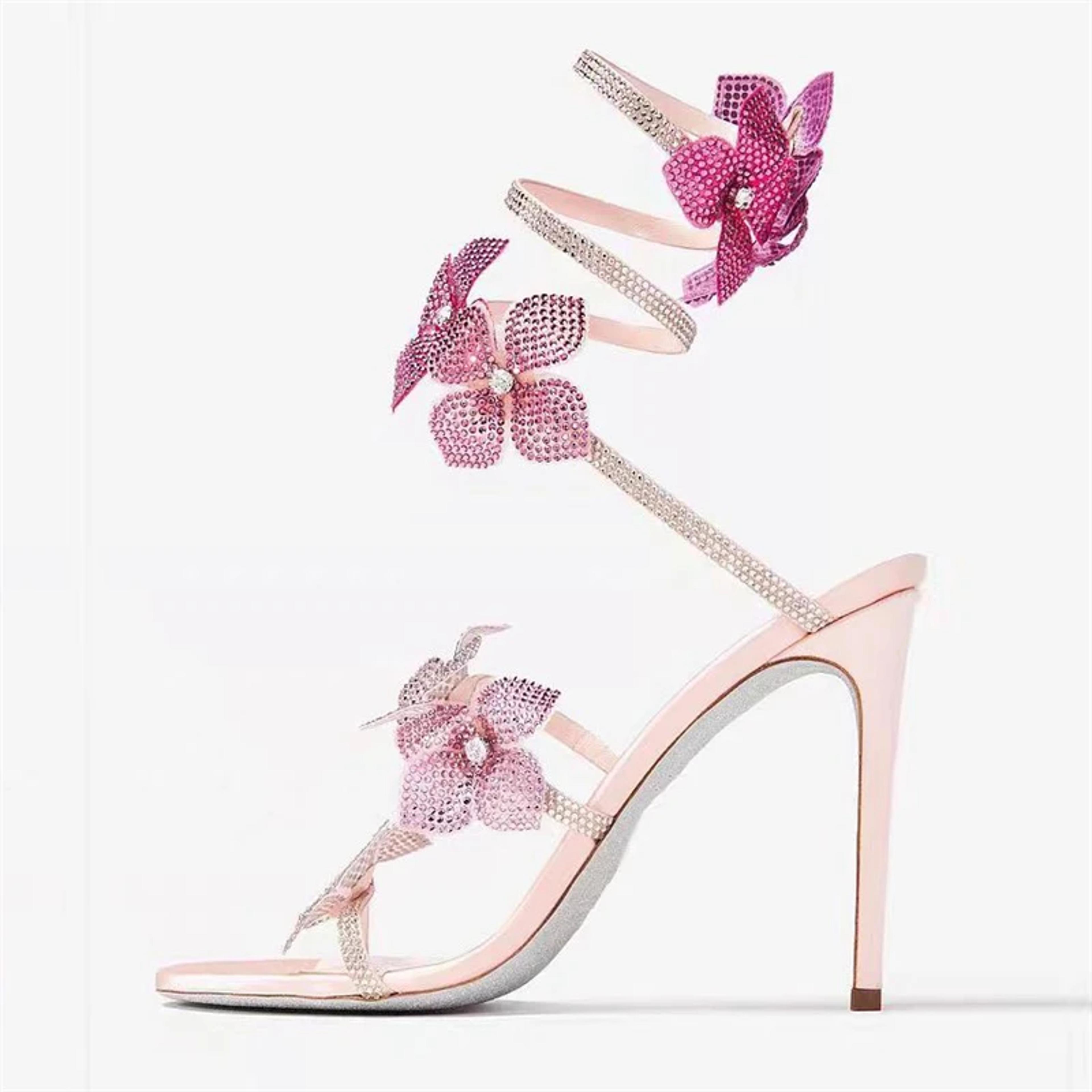 sexy crystal flower thin high heels, narrow band women sandals, ankle strap street style pole dancing ladies shoes