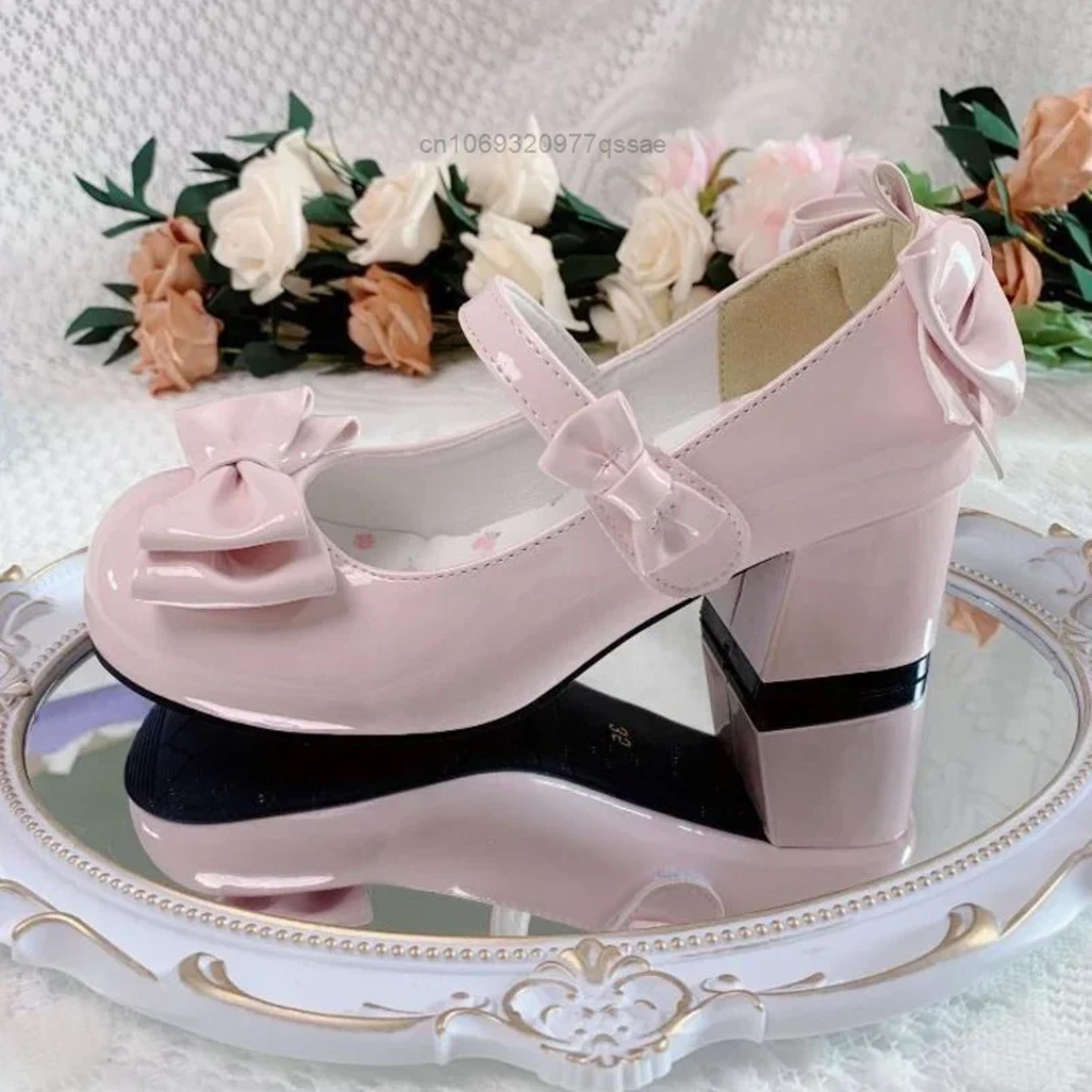 lolita style cute round head jane pumps with bow, women's sweet party dress midi heels, fashion pu sandals