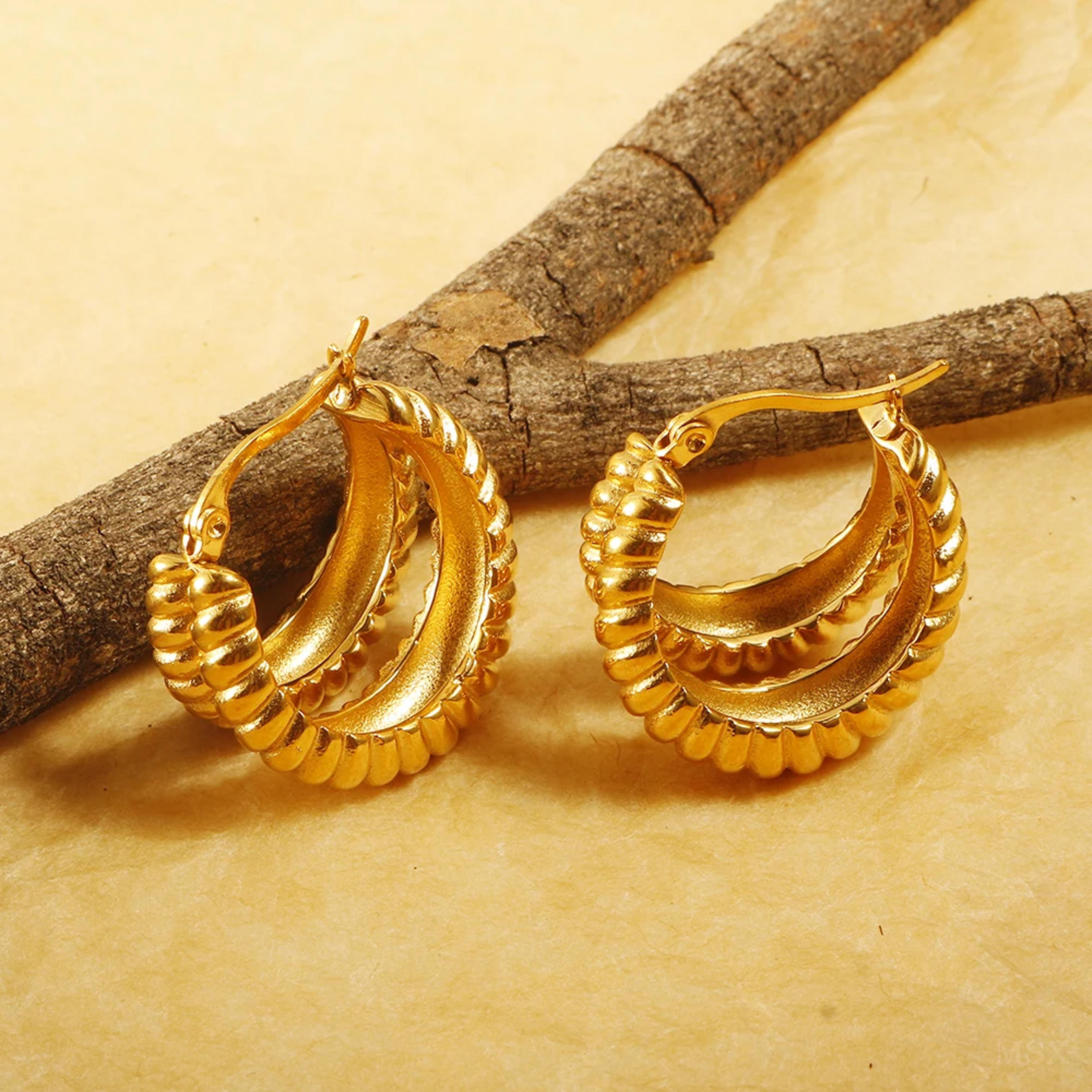 luxury shiny zircon hoop earrings for women, trendy golden stainless steel earrings, geometric circle earring jewellery.