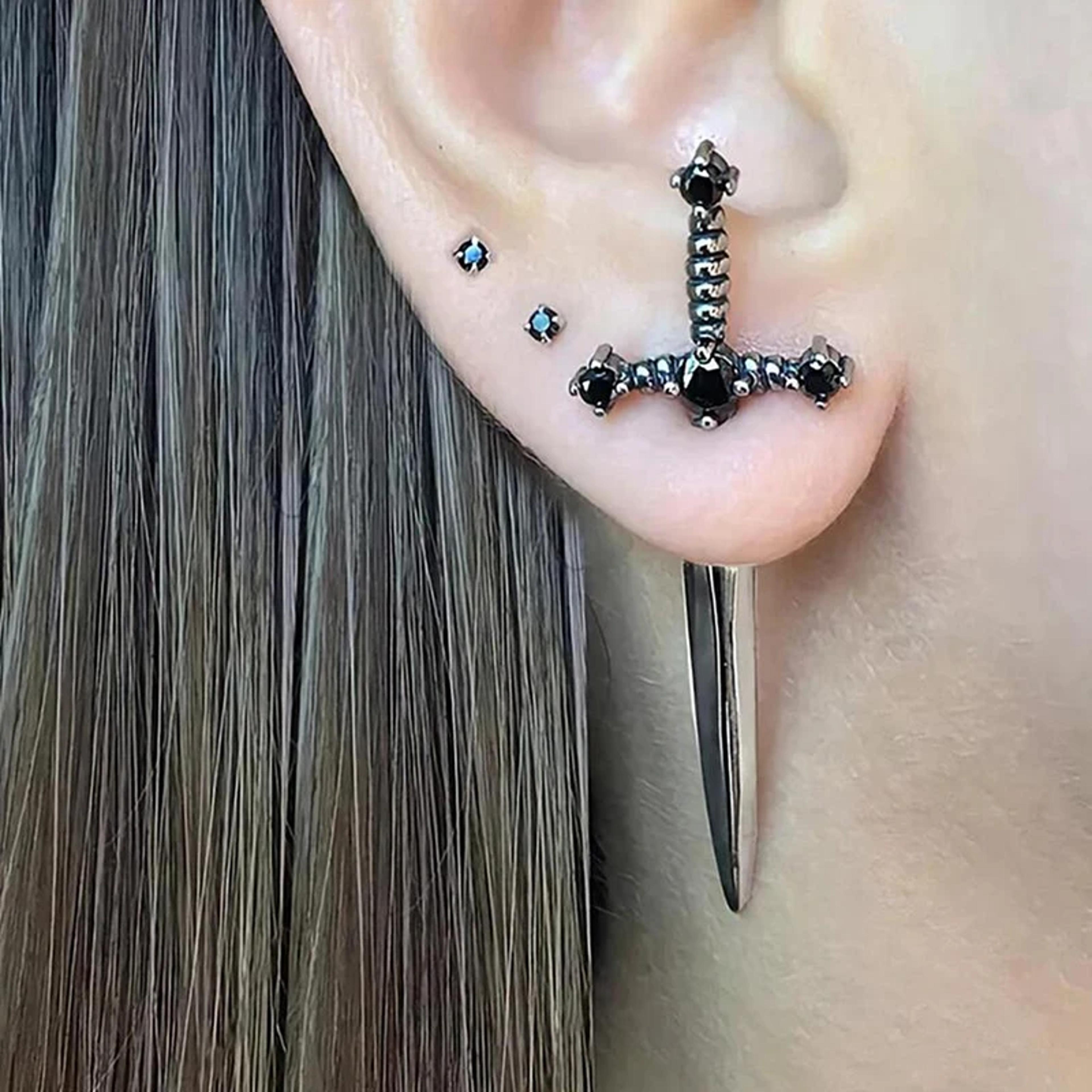 hip hop cross sword stud earrings for women, classic crystal stone jewelry, silver ox gold black color
