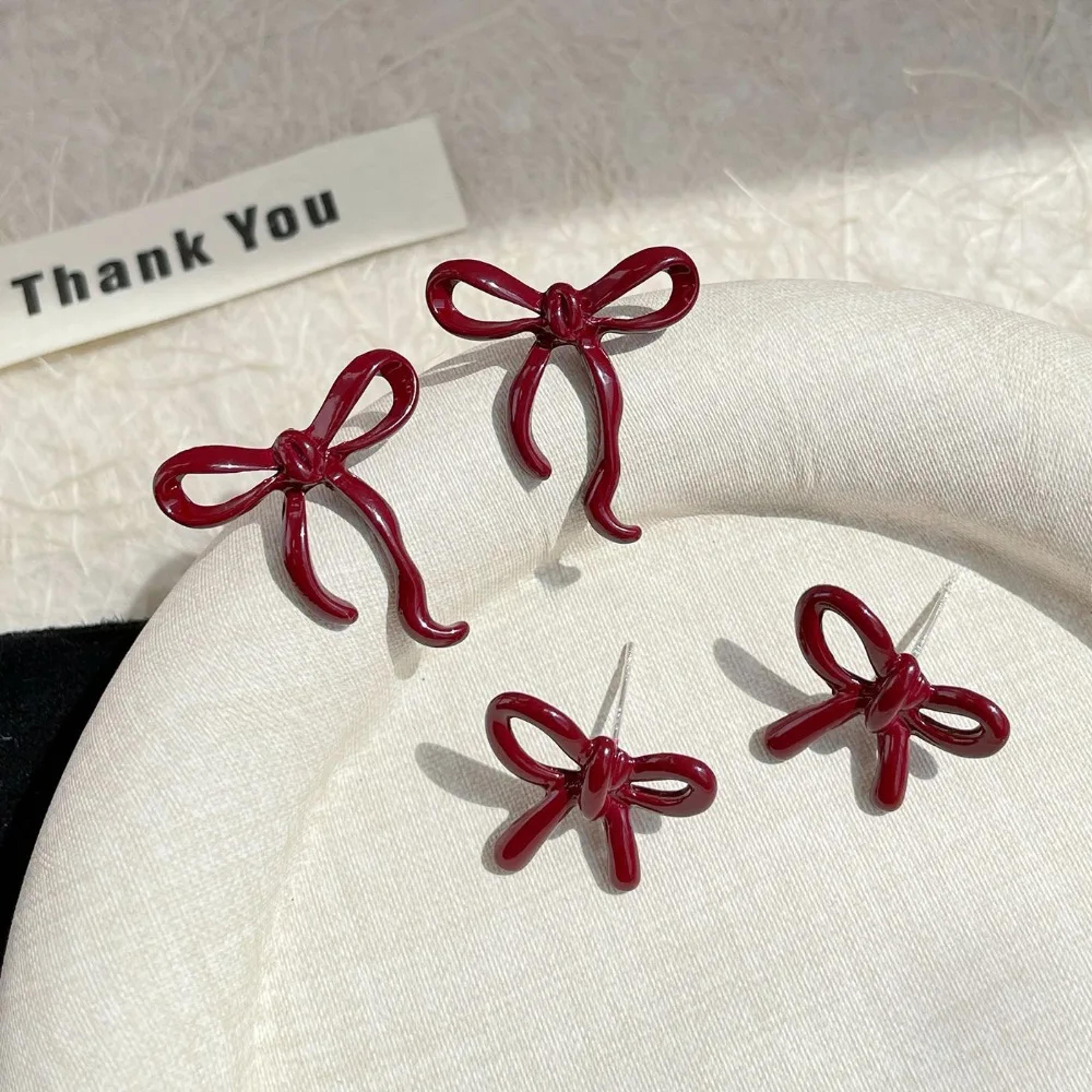 retro style red bow knot stud earrings for women, simple ear rings, ballet ribbon aesthetics, elegant jewelry gifts