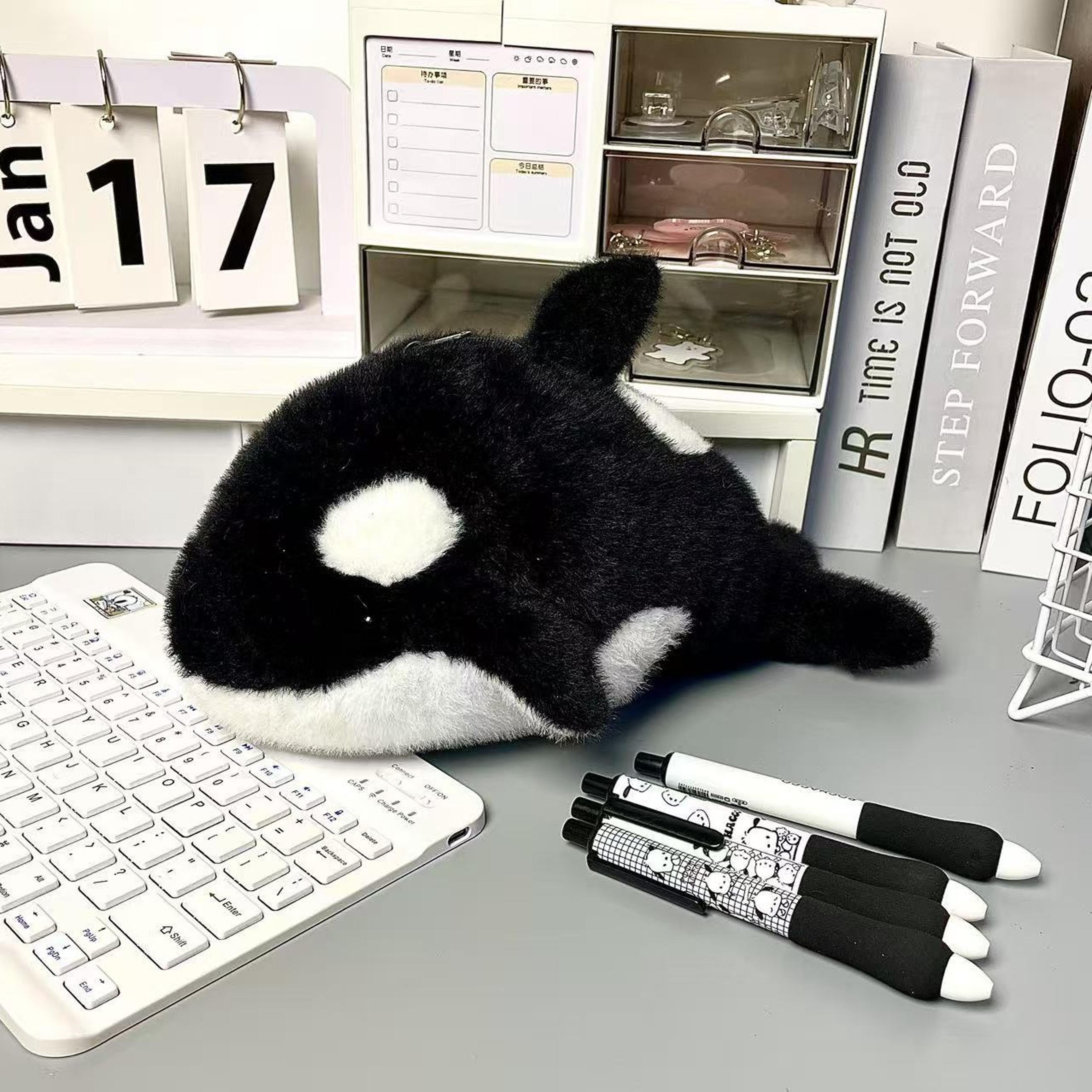 adorable killer whale plush pencil bag, spacious soft school supply organizer, cute creative stationery case for student