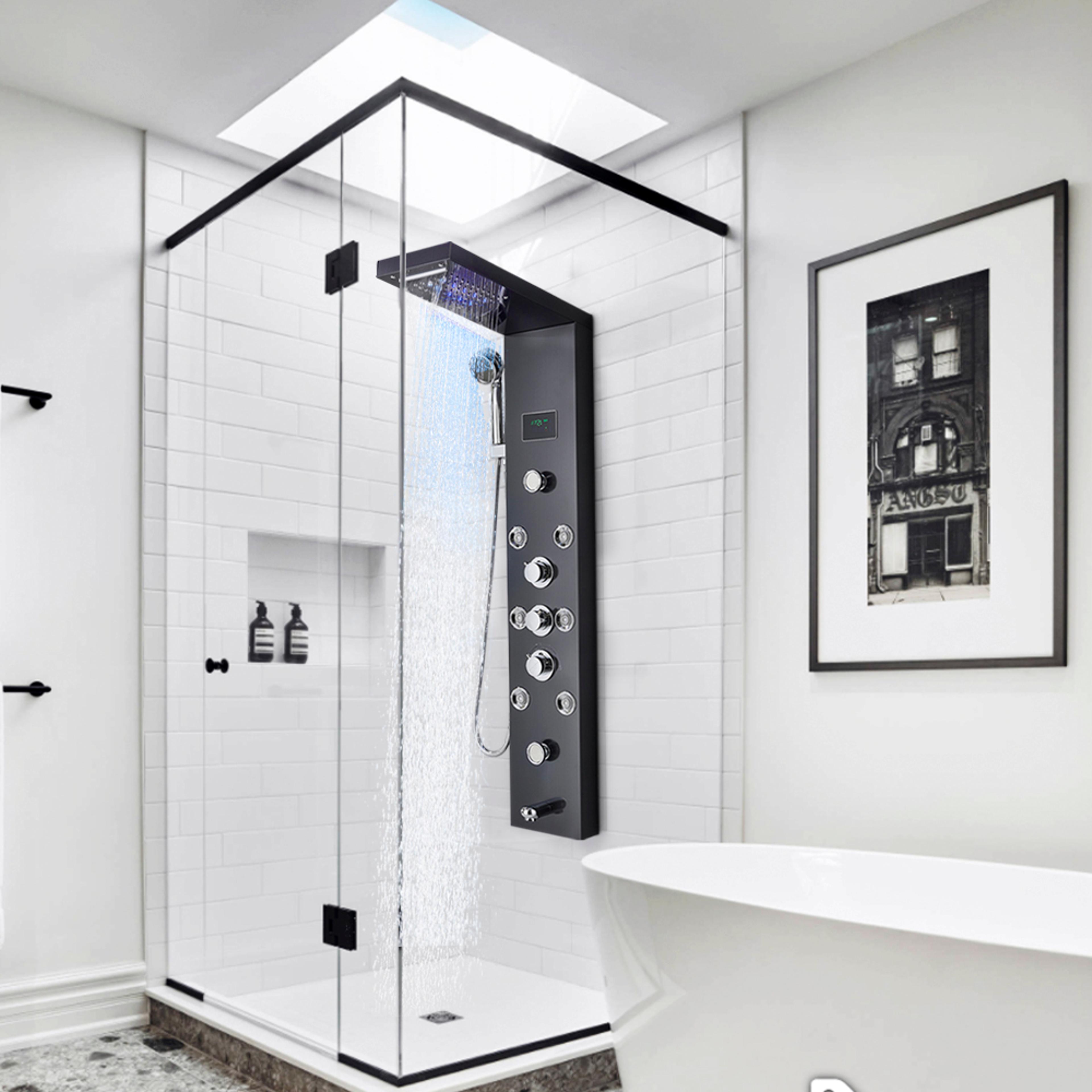 led light shower panel, waterfall rain digital display shower faucet set, spa massage jet bathroom column mixer tap