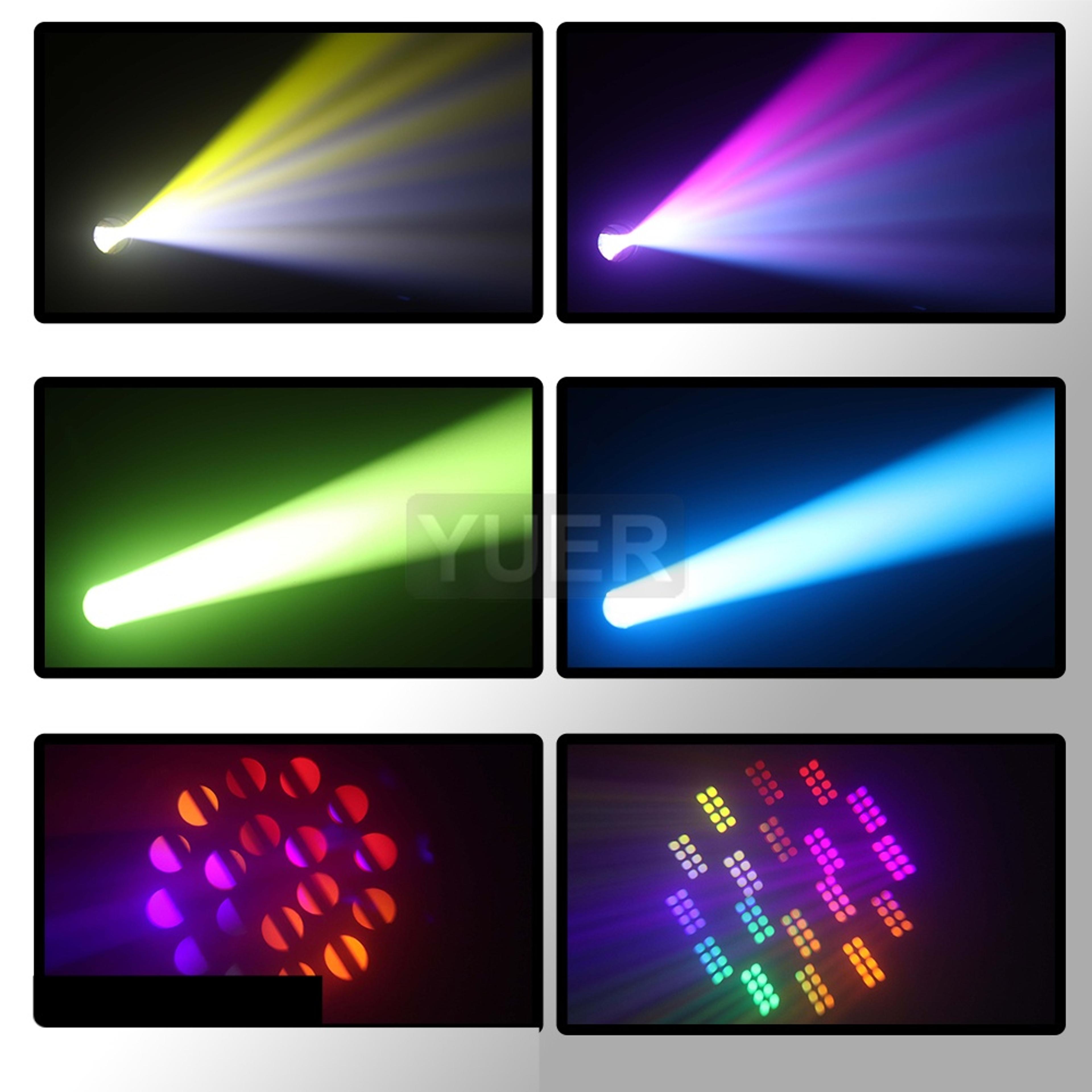 led moving head light with ring beam, spot, rotating prisms, rainbow, gobo, color effect for dj, stage light
