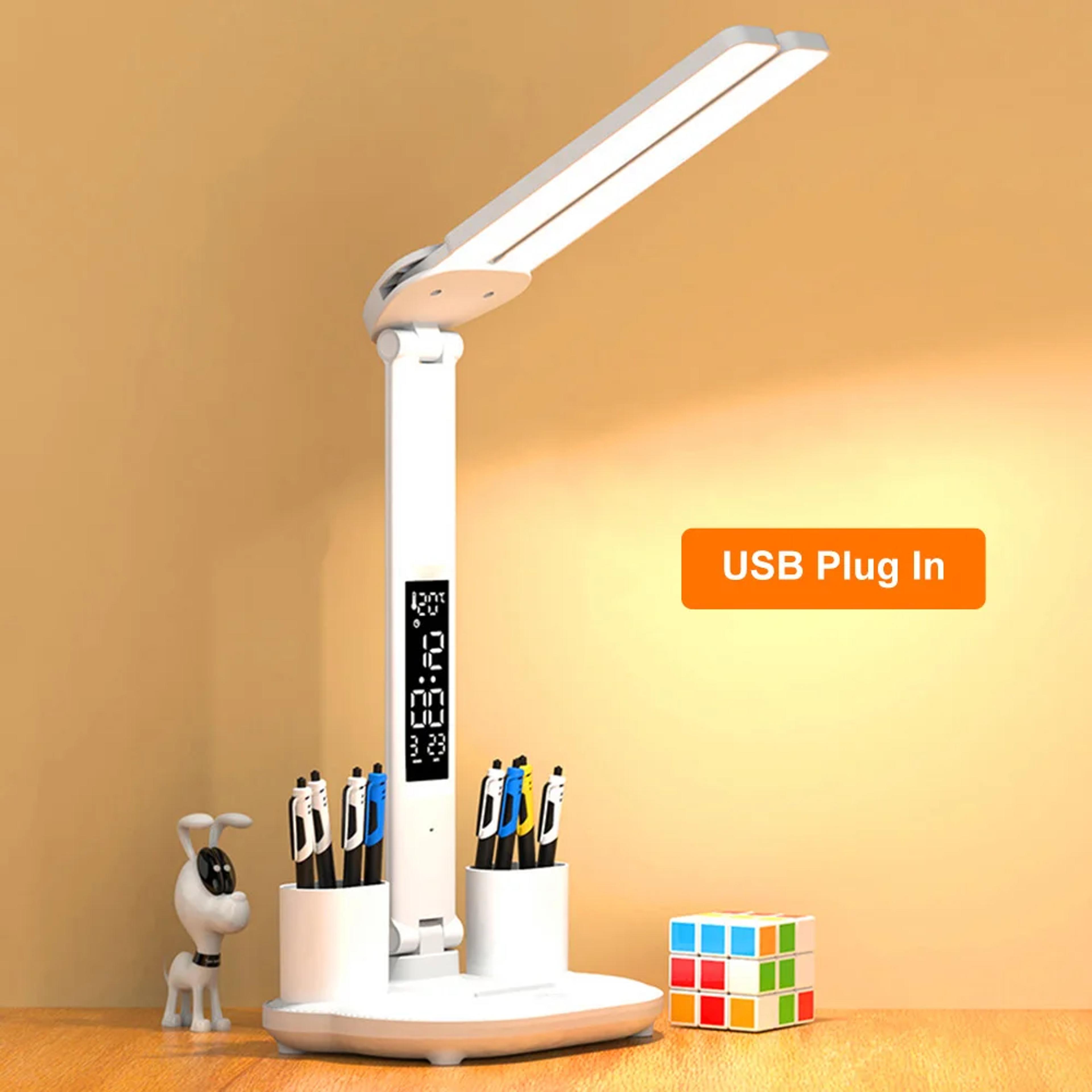 double-headed led table lamp, dimmable desk lamp with calendar clock, foldable eye protection reading night light