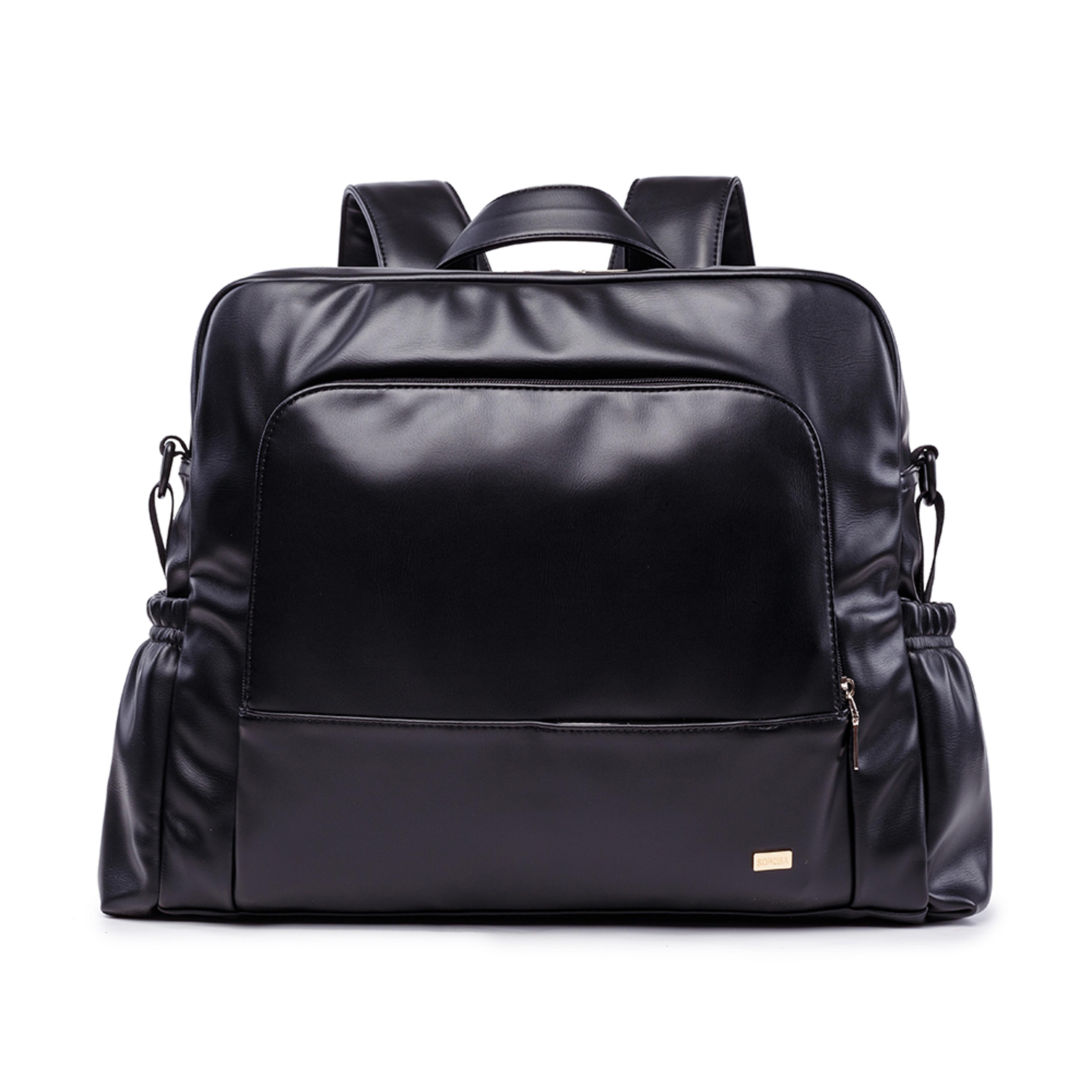 waterproof black diaper bag, smooth leather, large capacity nursing changing backpack for newborn baby, stylish