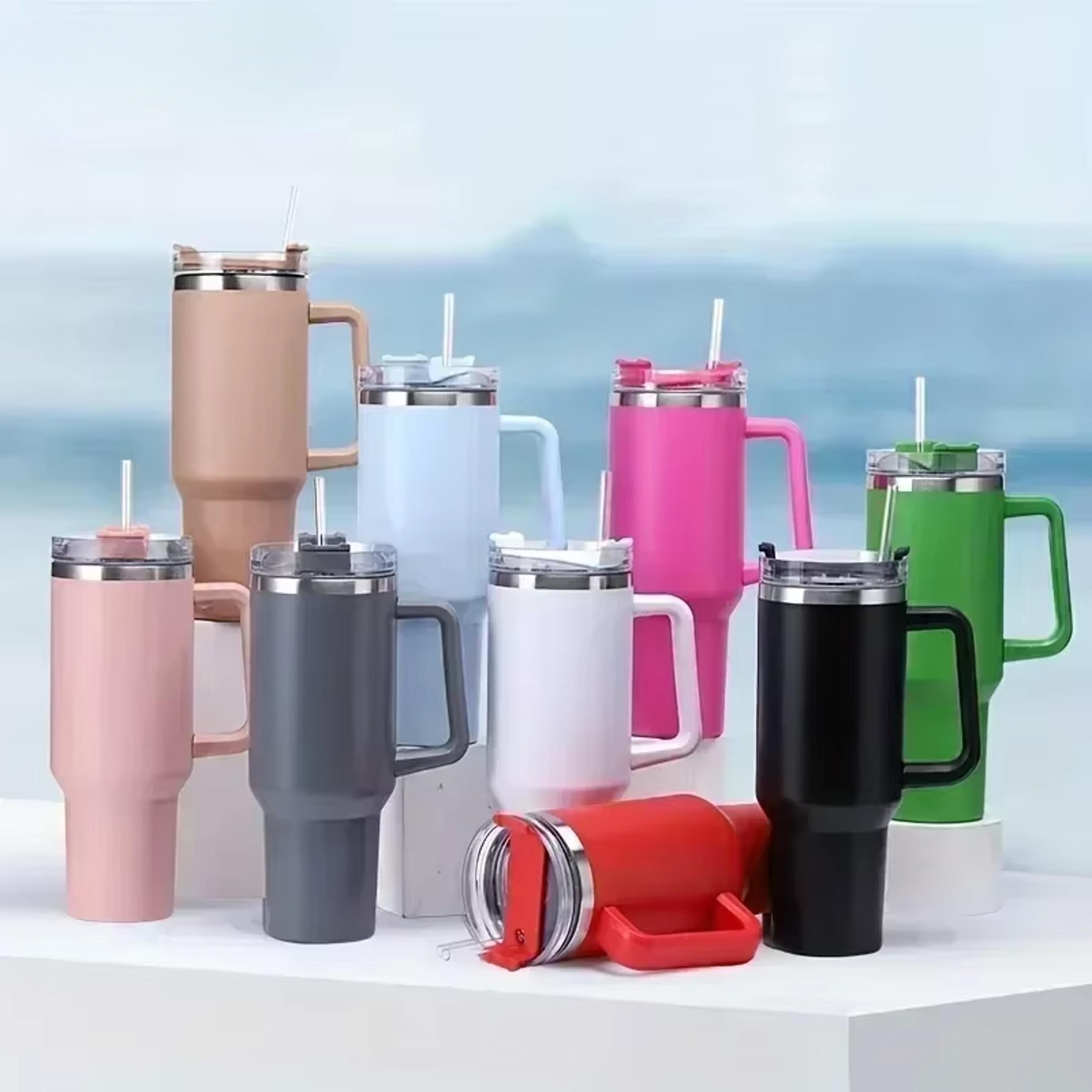insulated tumbler with handle and straw, double wall thermal iced travel mug, car and outdoor use