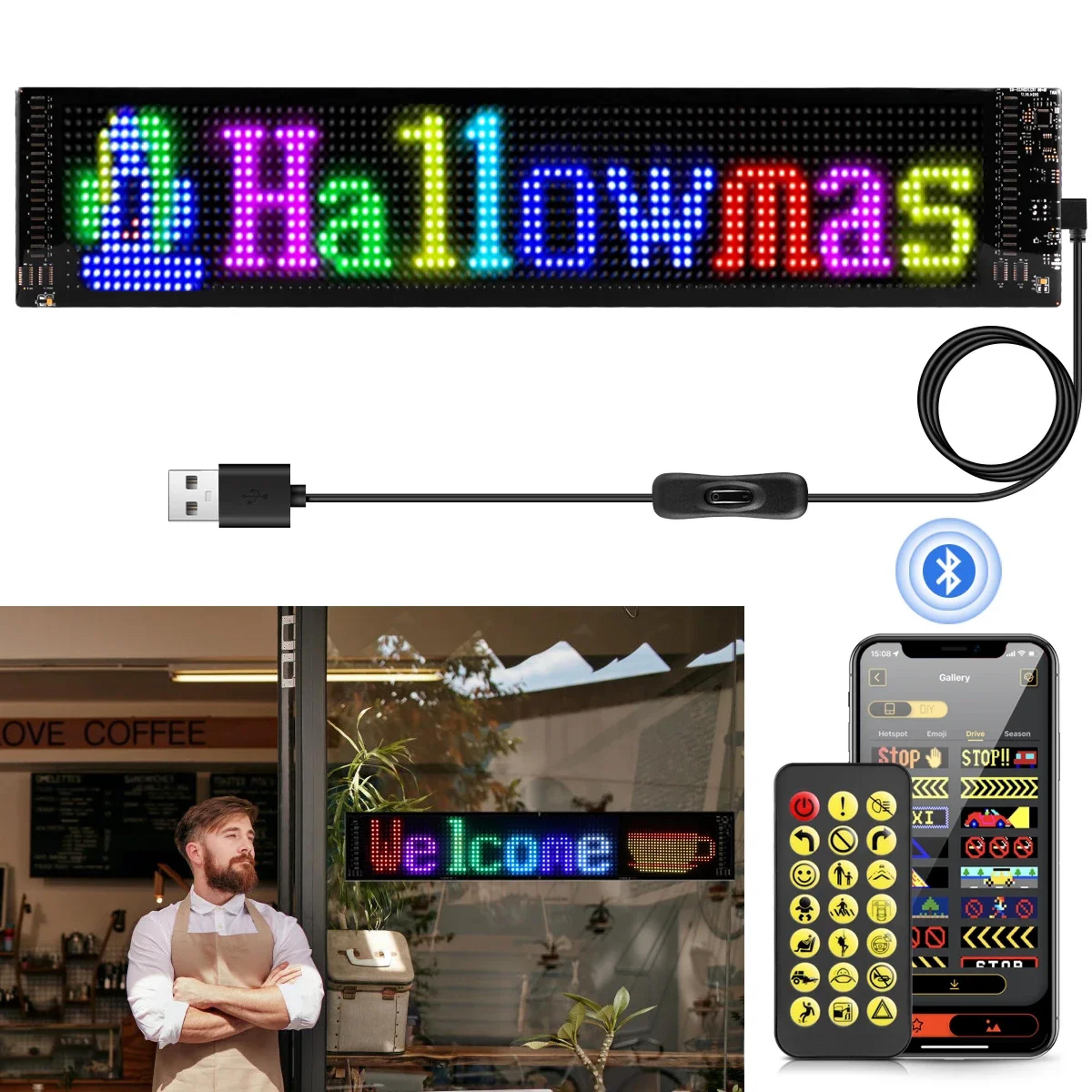 scrolling advertising led sign panel, bluetooth app control, customizable logo light, programmable text