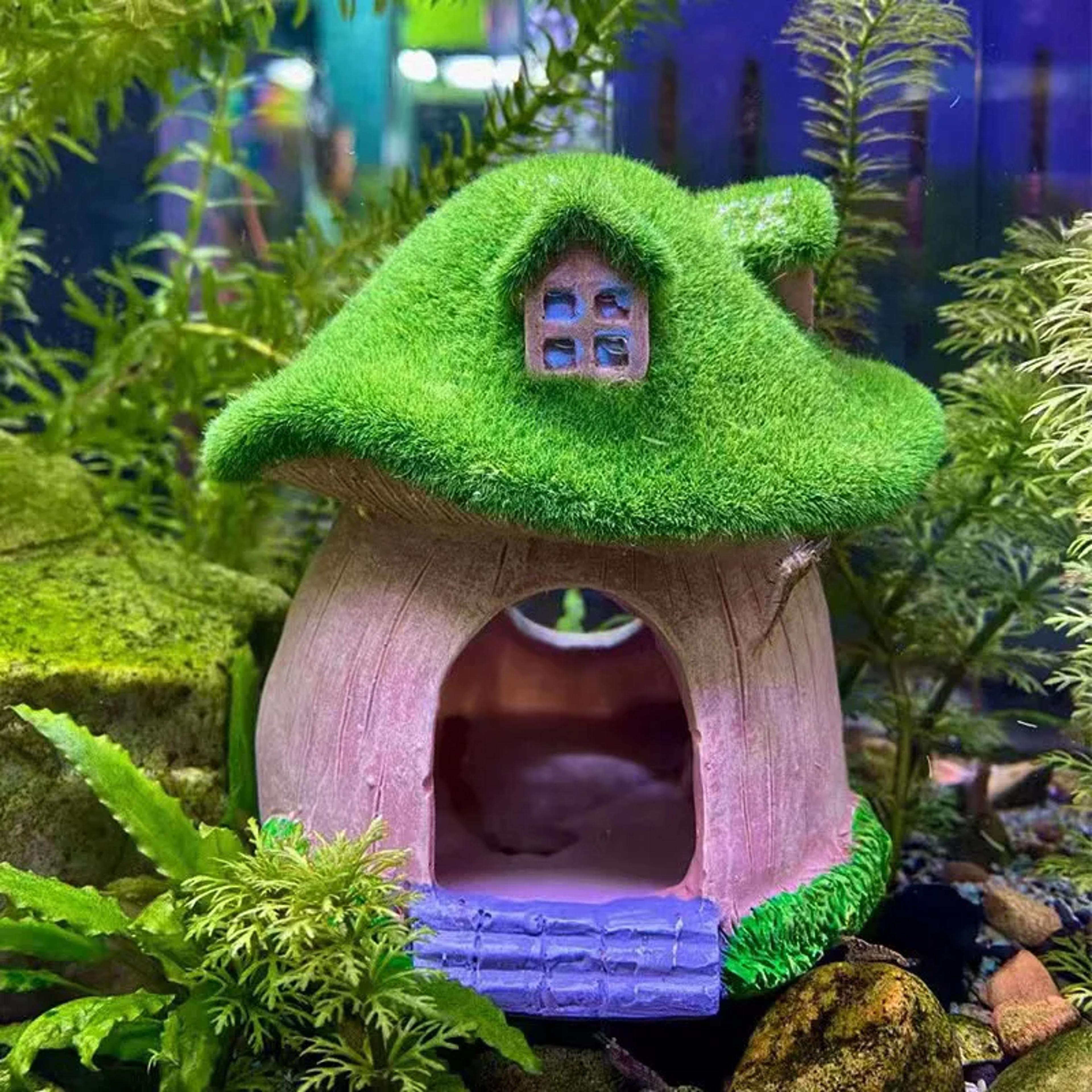 mushroom and moss house ornament for fish, shrimp shelter, aquarium decoration, desk decor landscape for fish tank, home
