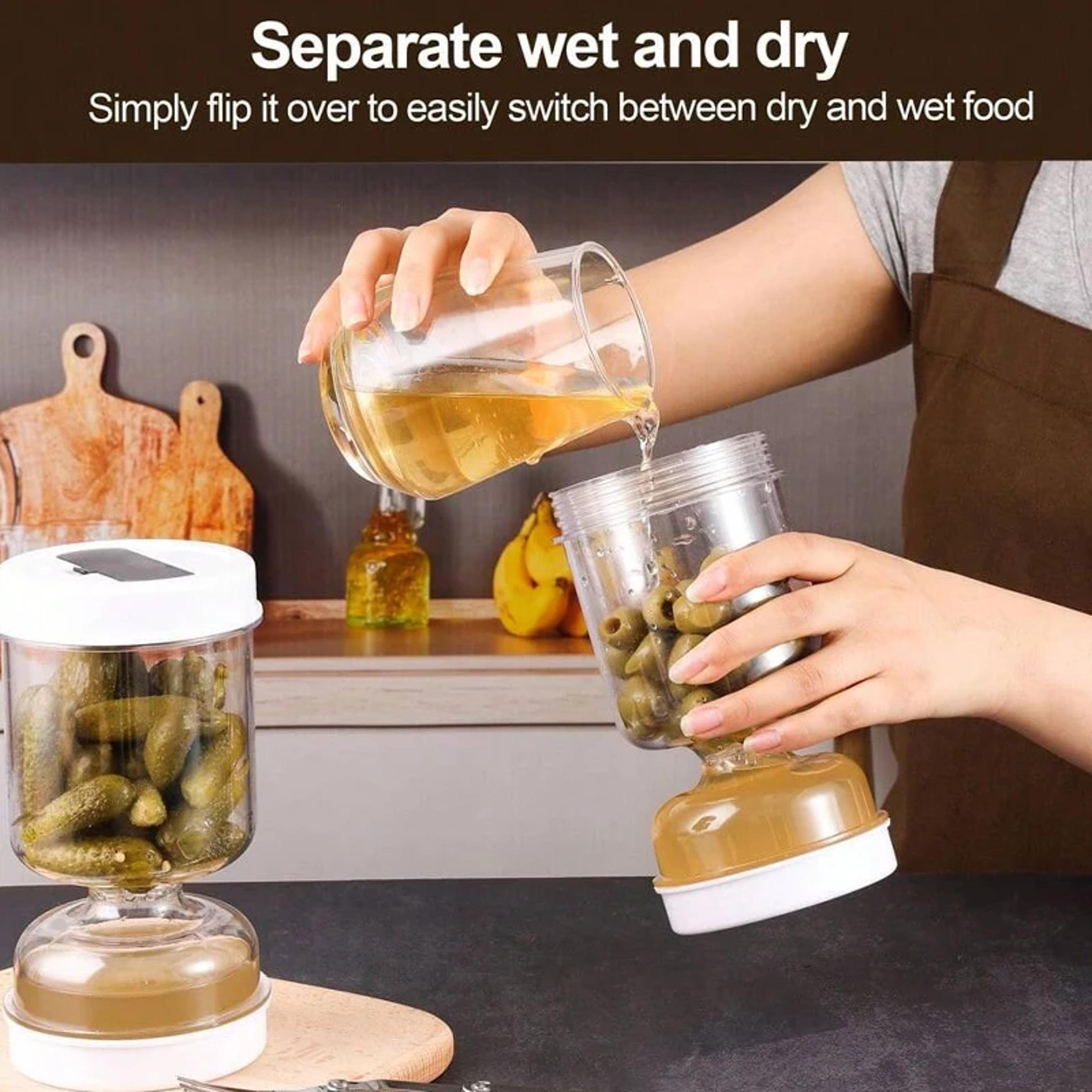 pickles jar with forks, dry wet dispenser, pickle olives, hourglass cucumber container, airtight lids kitchen tool