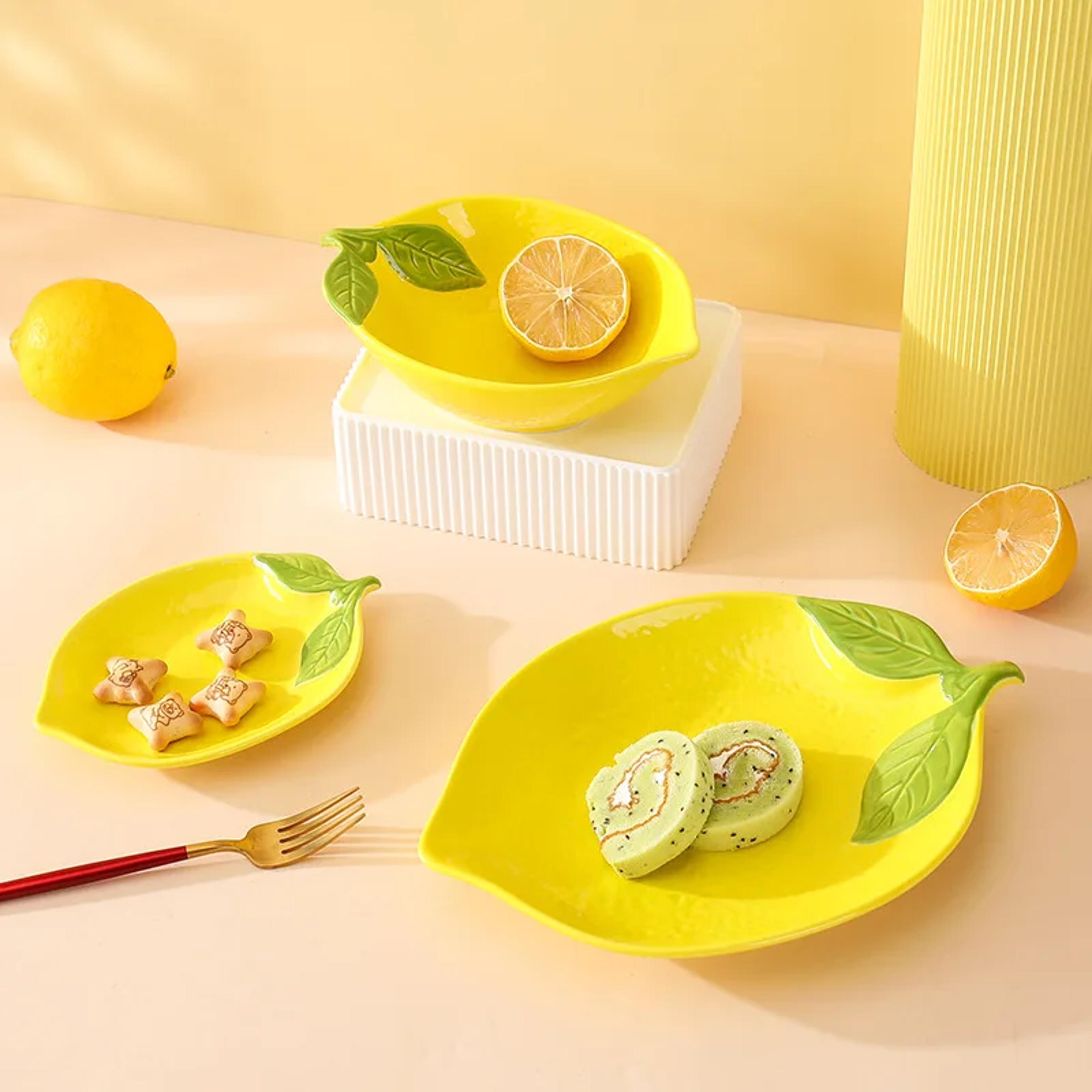 creative cartoon lemon shaped ceramic dinner plate, soup bowl, family fruit snack dishes, kitchen utensils