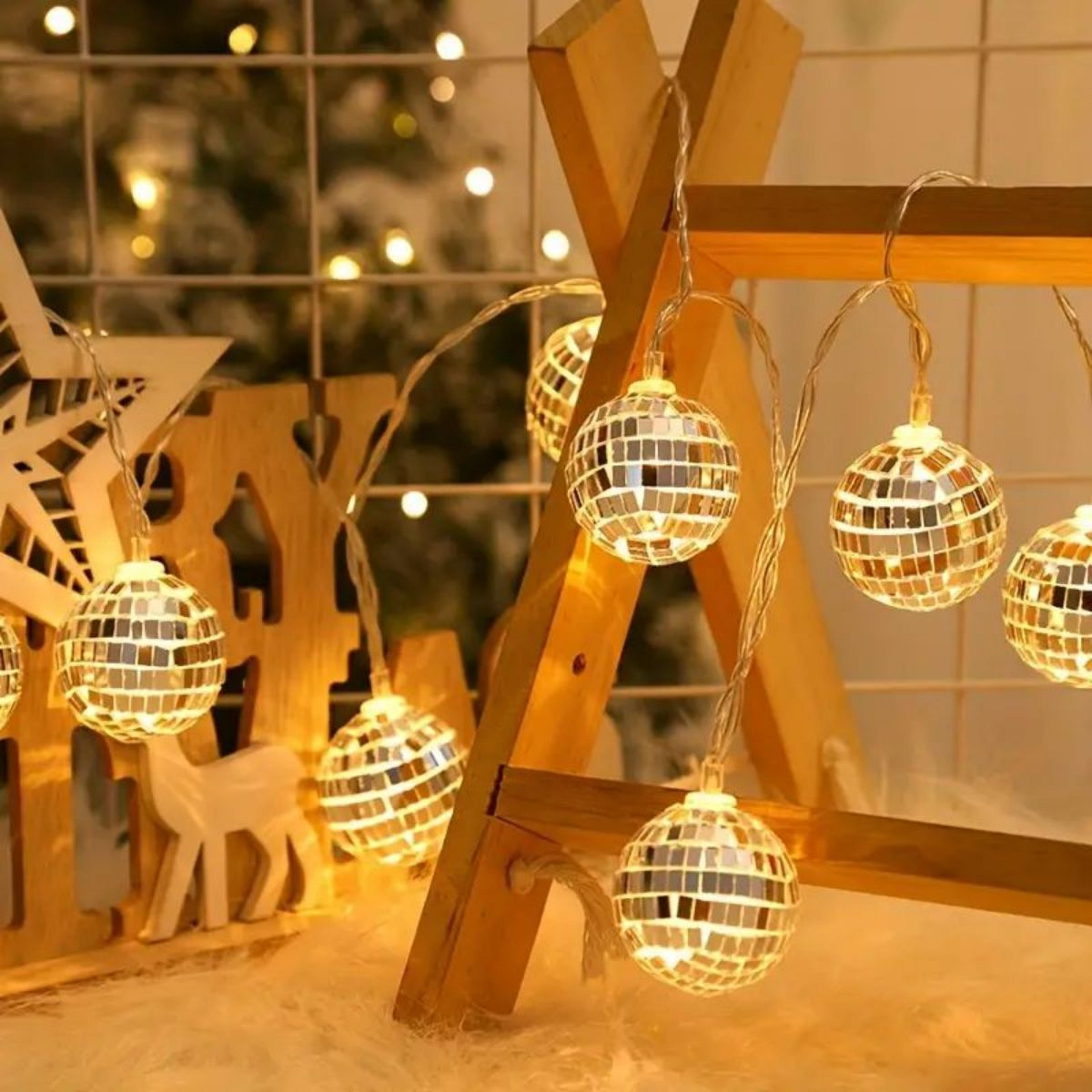battery powered mirror ball string light, modern retro disco bar, party decor, christmas ball lights