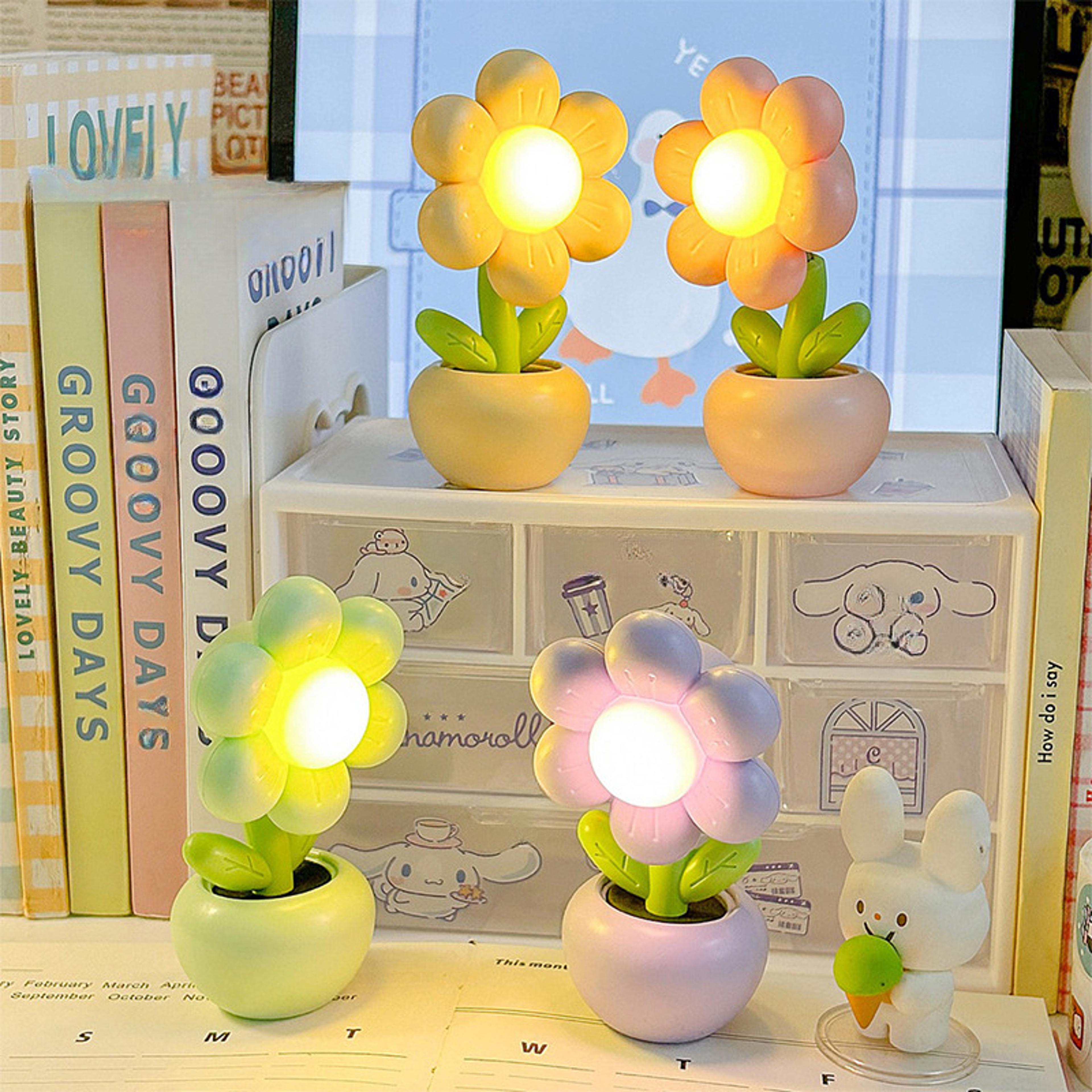 battery powered mini led floral potted night light, desktop lamp for bedroom, kids room, children gift