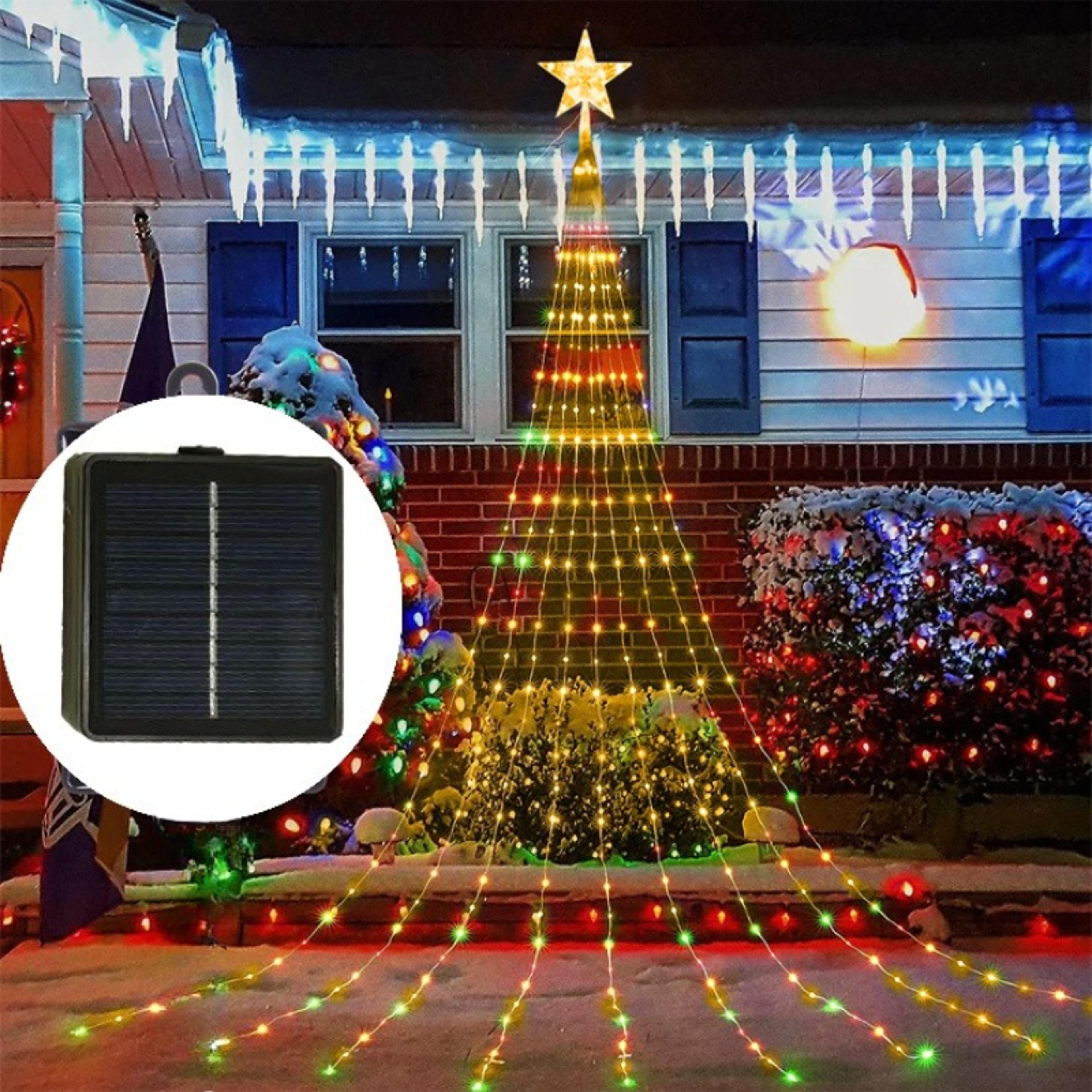 warm solar powered christmas tree fairy lights with a star, colorful night party atmosphere decor for christmas tree top