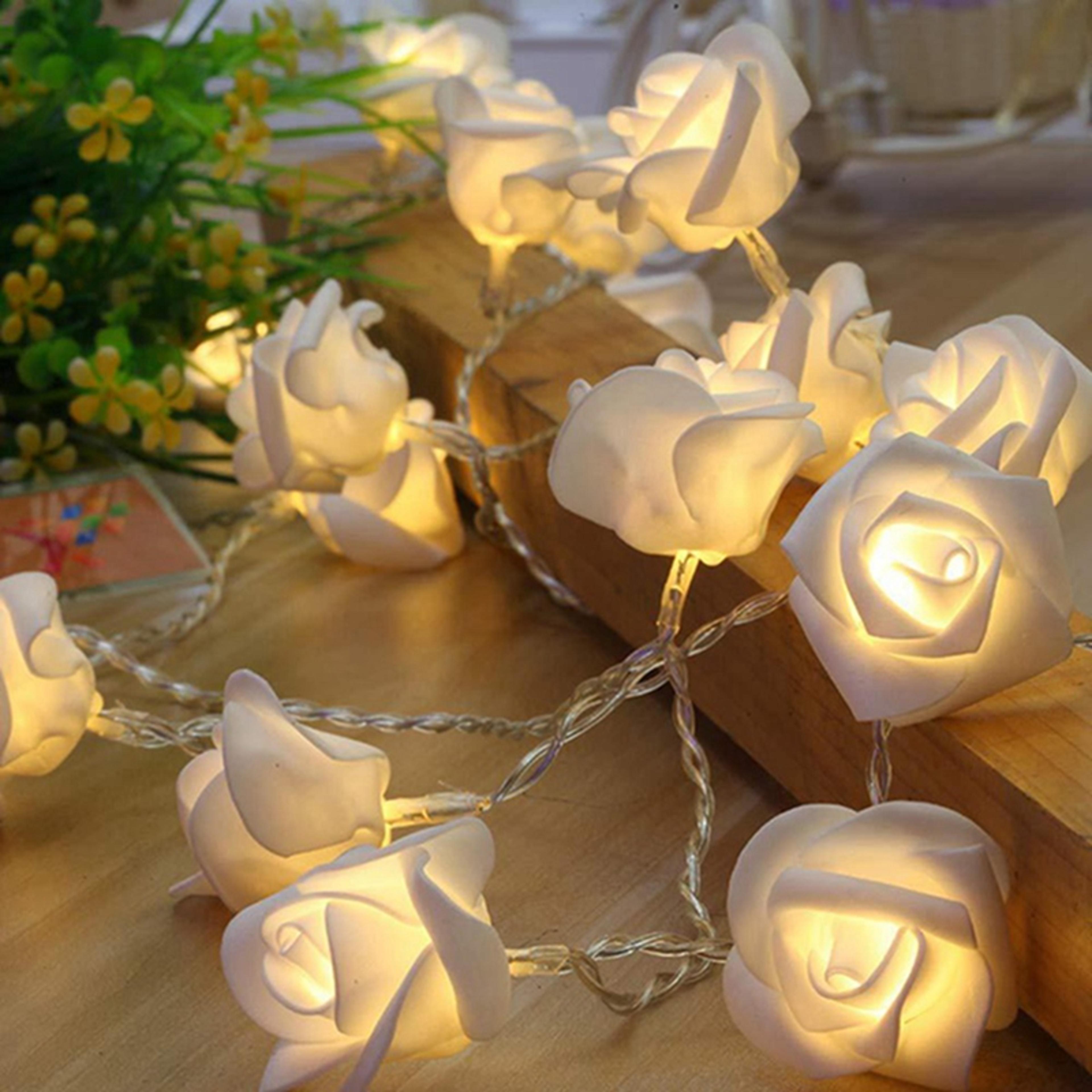 white rose flower string lights, battery operated, for valentines day, wedding, home party, birthday decorations