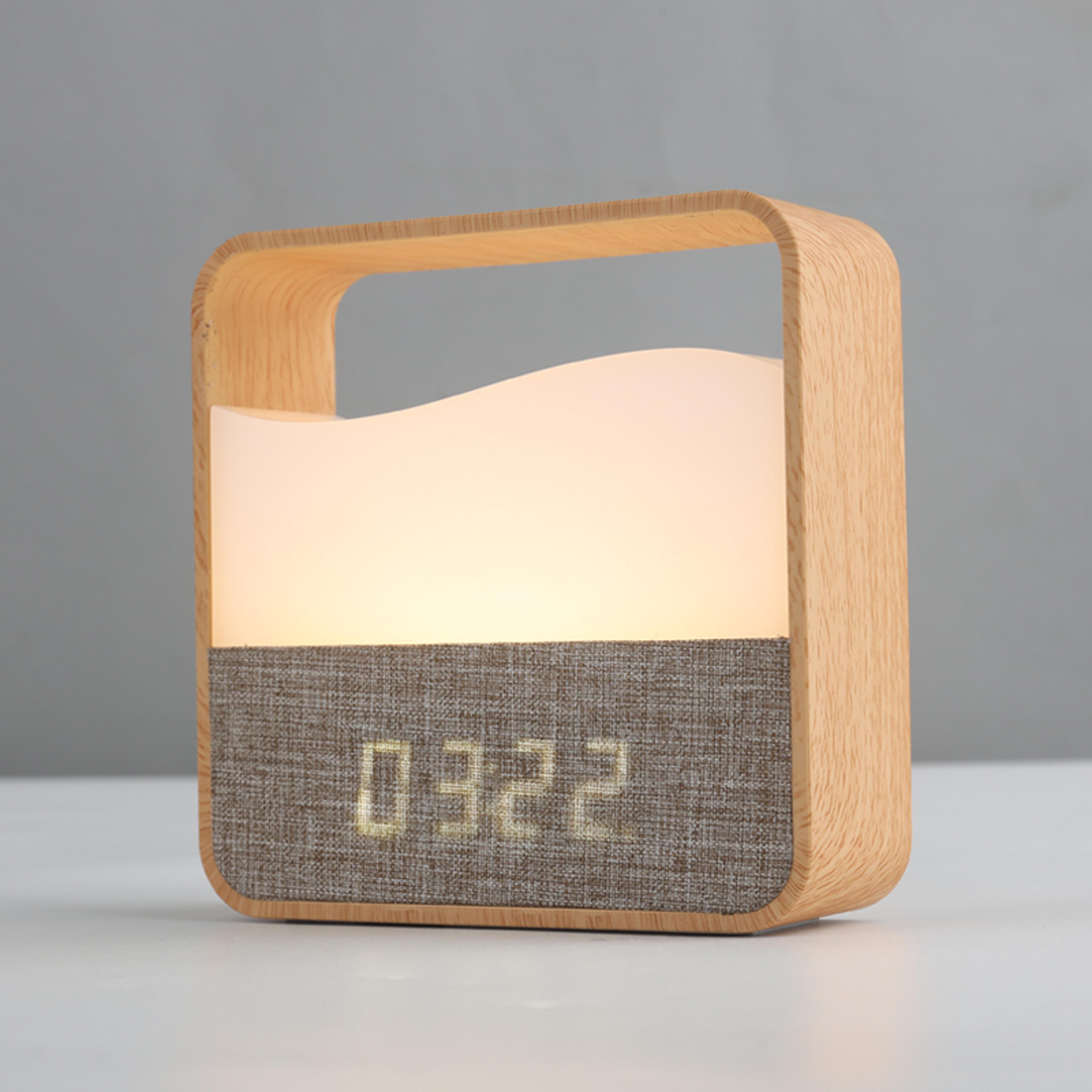 creative small alarm clock night light, wood grain bedside clock, rechargeable portable night light for sleep, hand-held