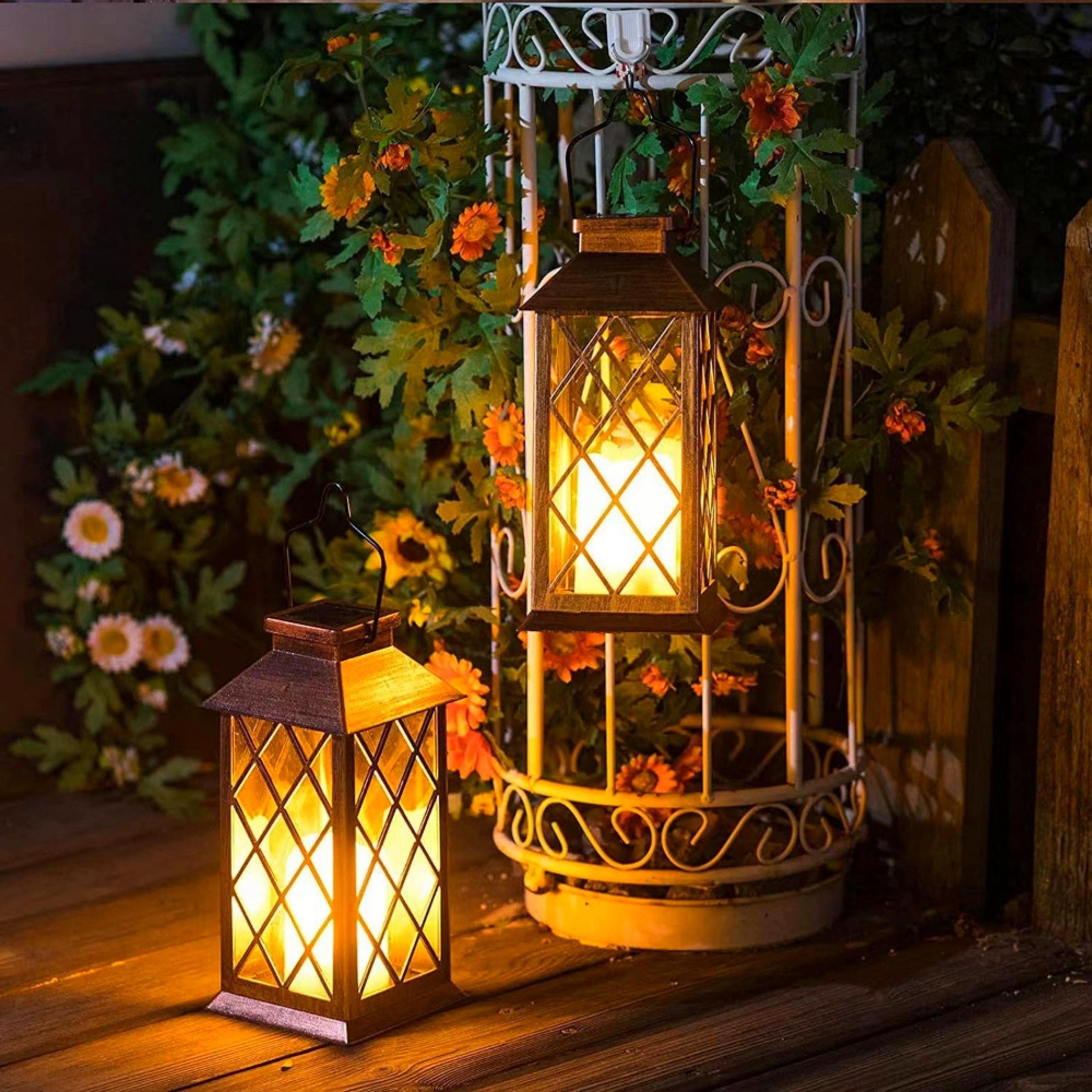 solar powered outdoor waterproof courtyard lights, hollowed out candle holders, retro pendant lights for garden, lawn