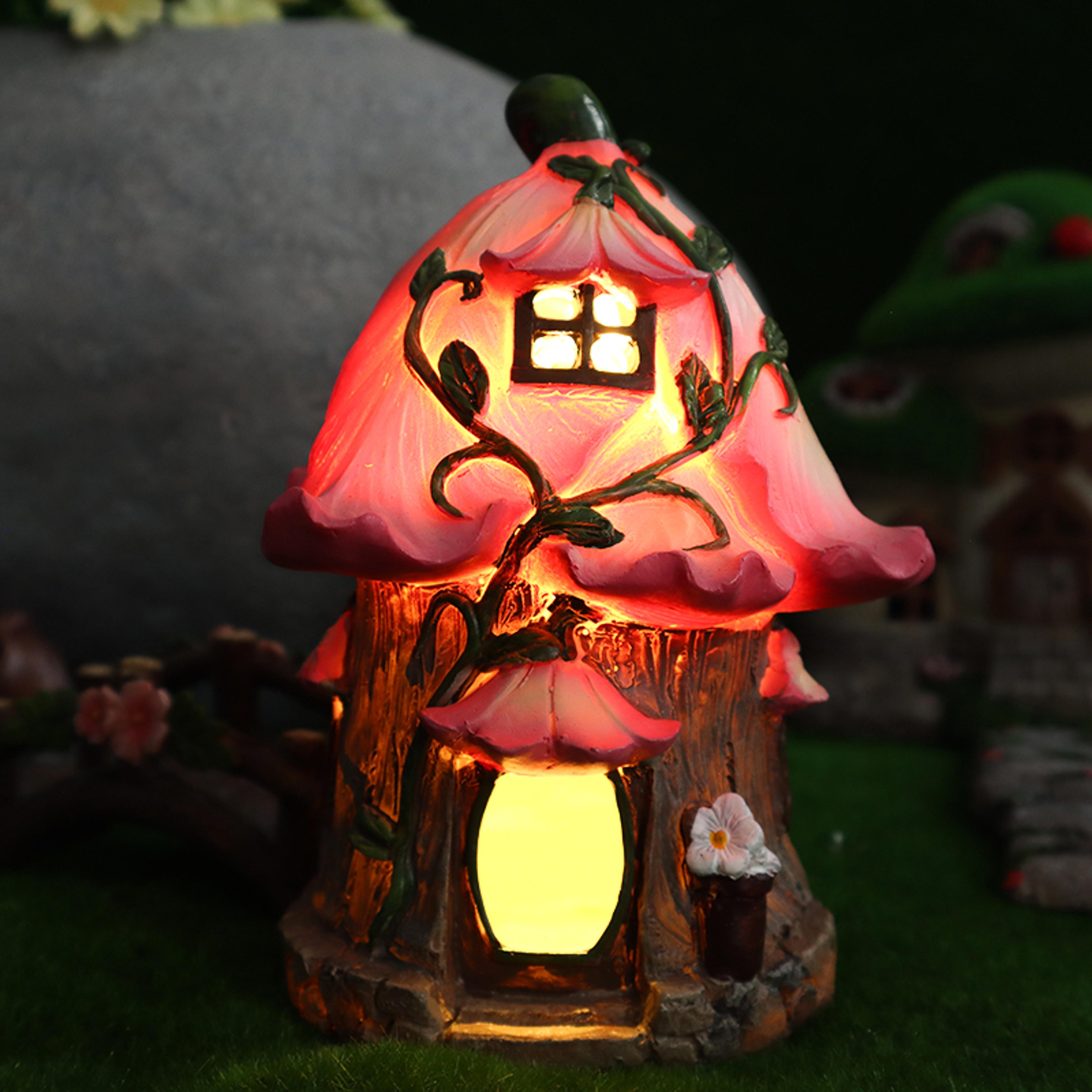 solar powered garden figurines light, creative mushroom house & flower house ornaments for yard landscape garden decor
