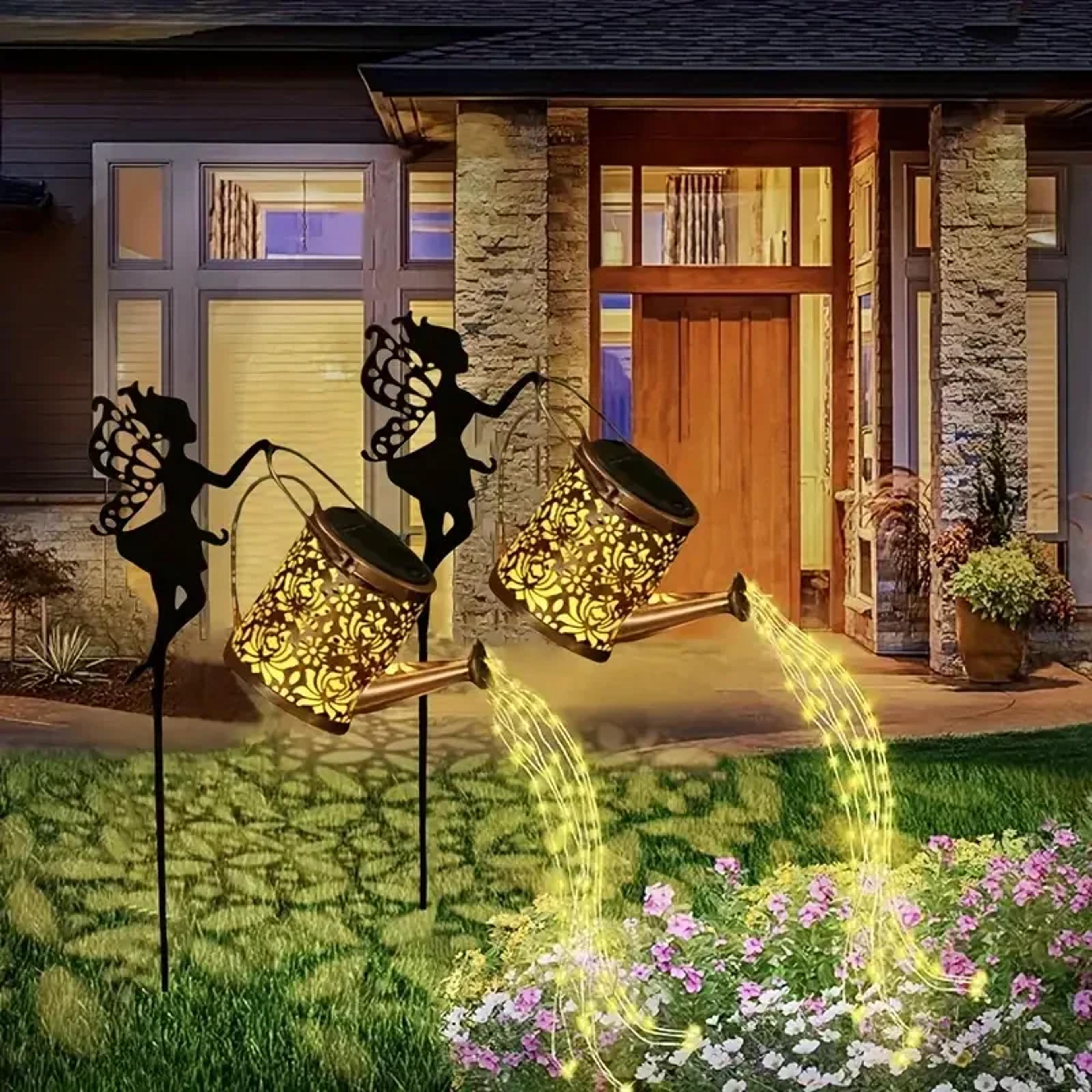 solar watering can lights outdoor garden fairy lights, waterproof solar hanging kettle lights for patio, villa path